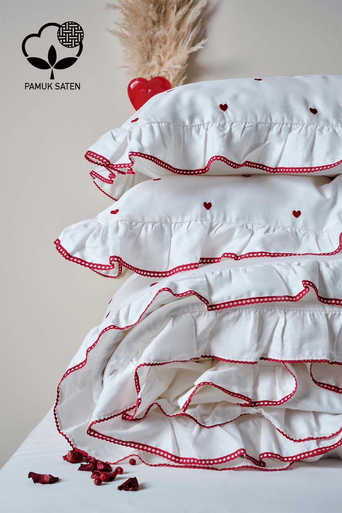 Amore Heart Embroidered Cotton Satin King Size 6-Piece Duvet Cover Set