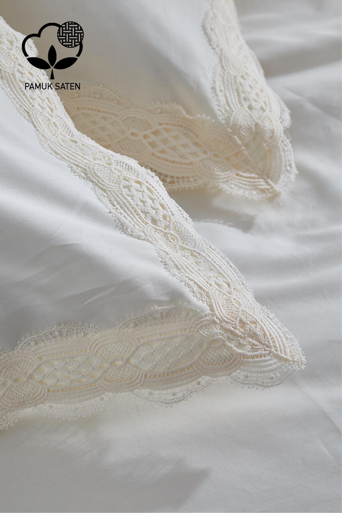 Parure de lit double 6 pièces en satin de coton dentelé Asel 300 TC - Nazik Home - De la valeur pour mon foyer !