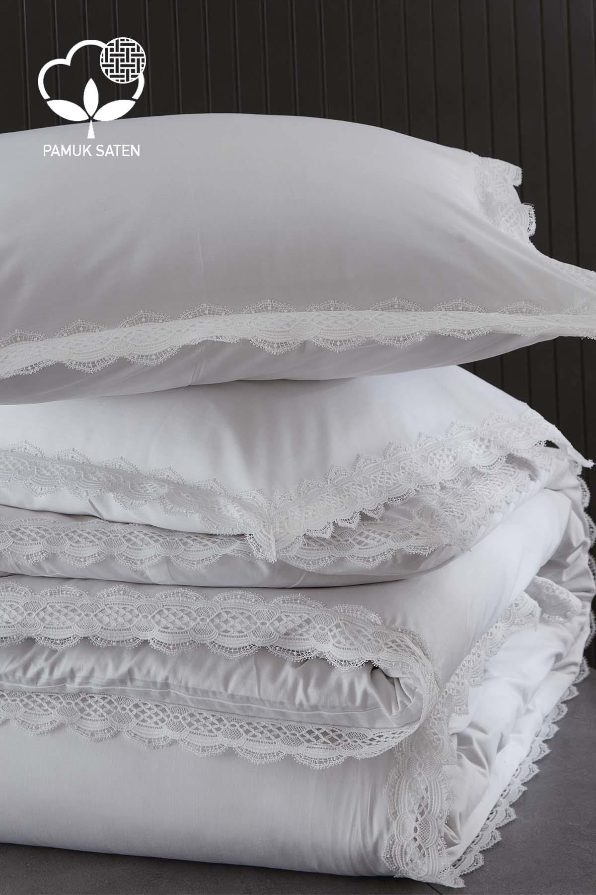 Parure de lit double 6 pièces en satin de coton dentelé Asel 300 TC - Nazik Home - De la valeur pour mon foyer !