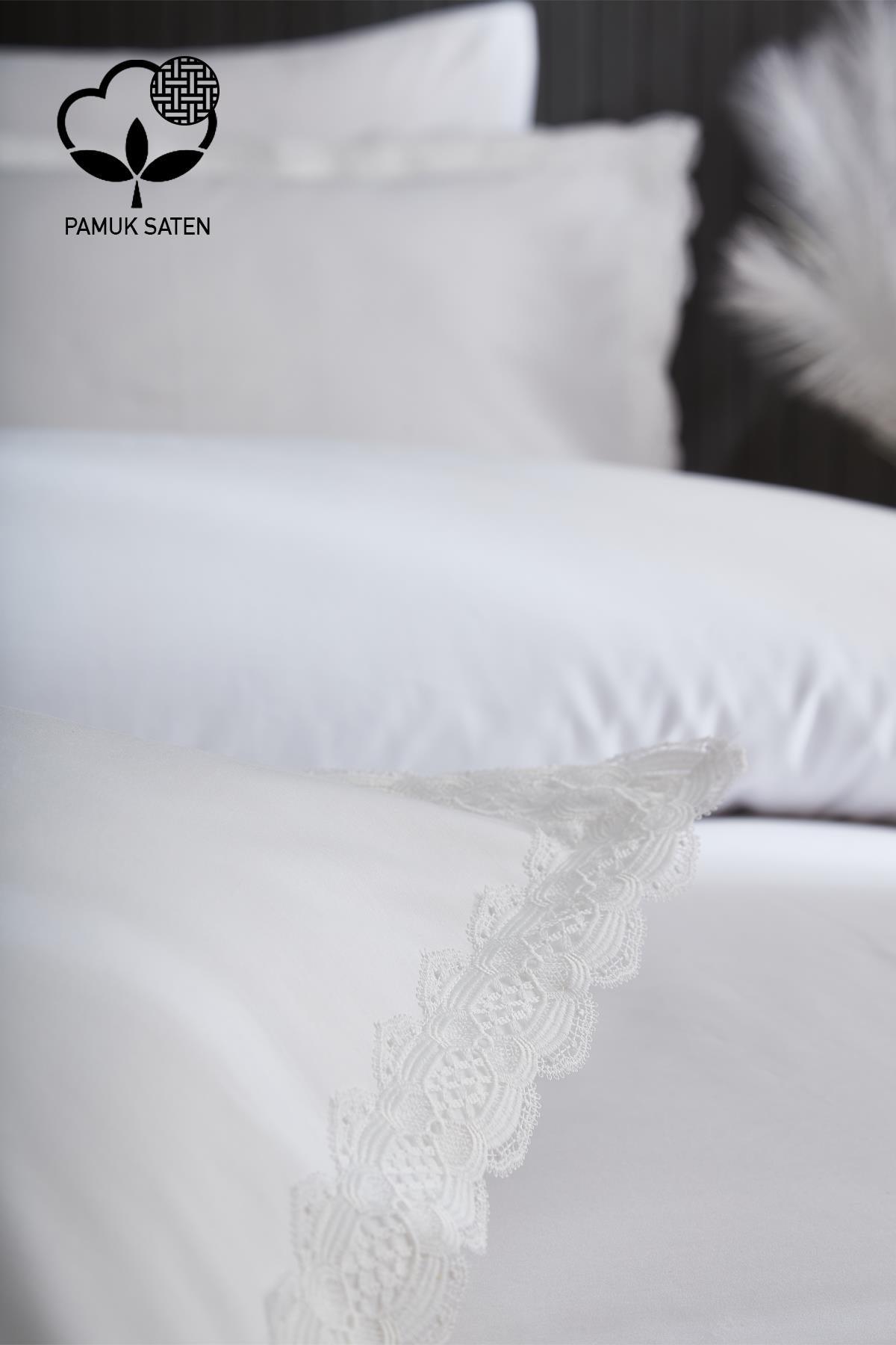 Parure de lit double 6 pièces en satin de coton dentelé Asel 300 TC - Nazik Home - De la valeur pour mon foyer !