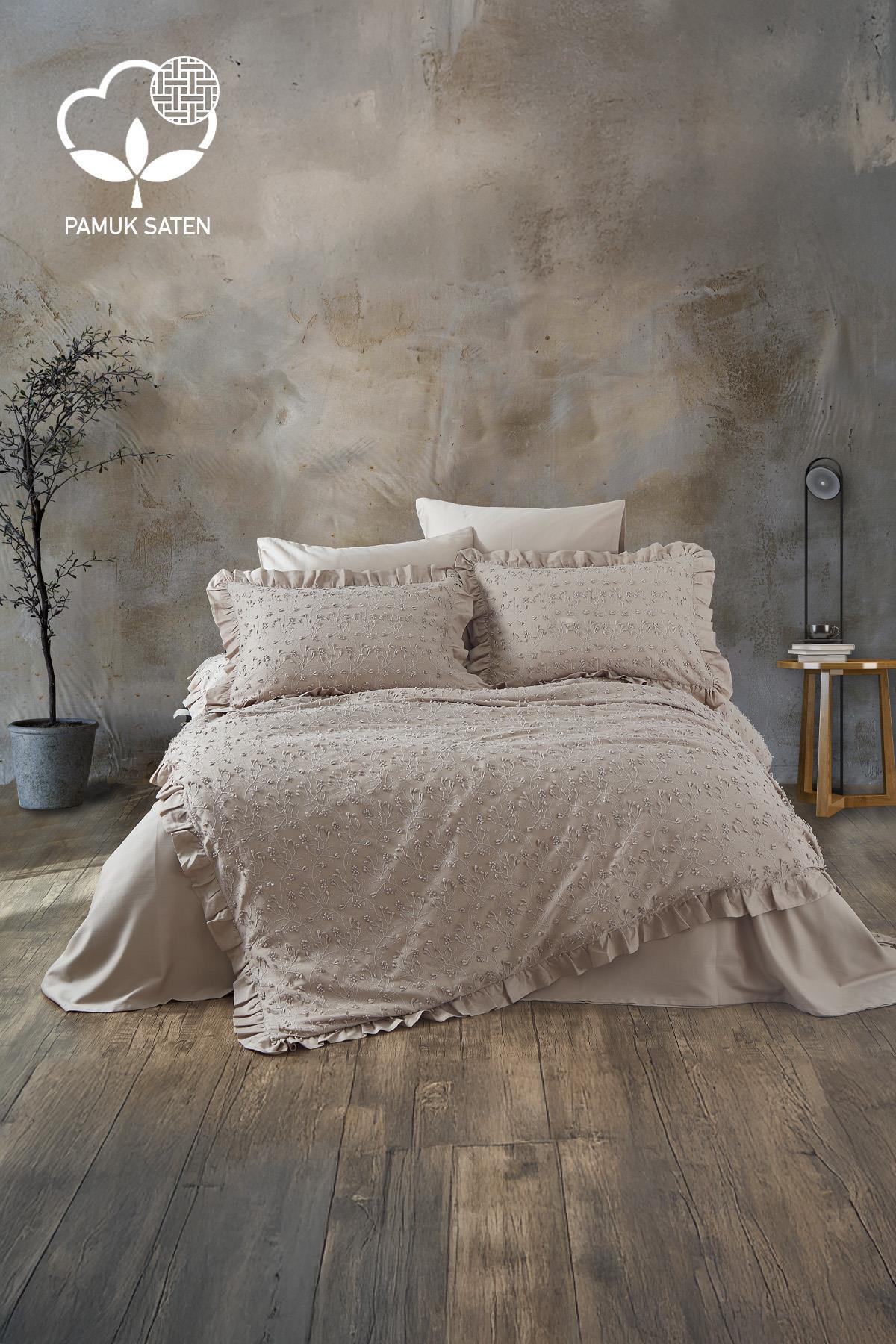 Parure de lit double en satin de coton brodé beige, décoration de chambre moderne