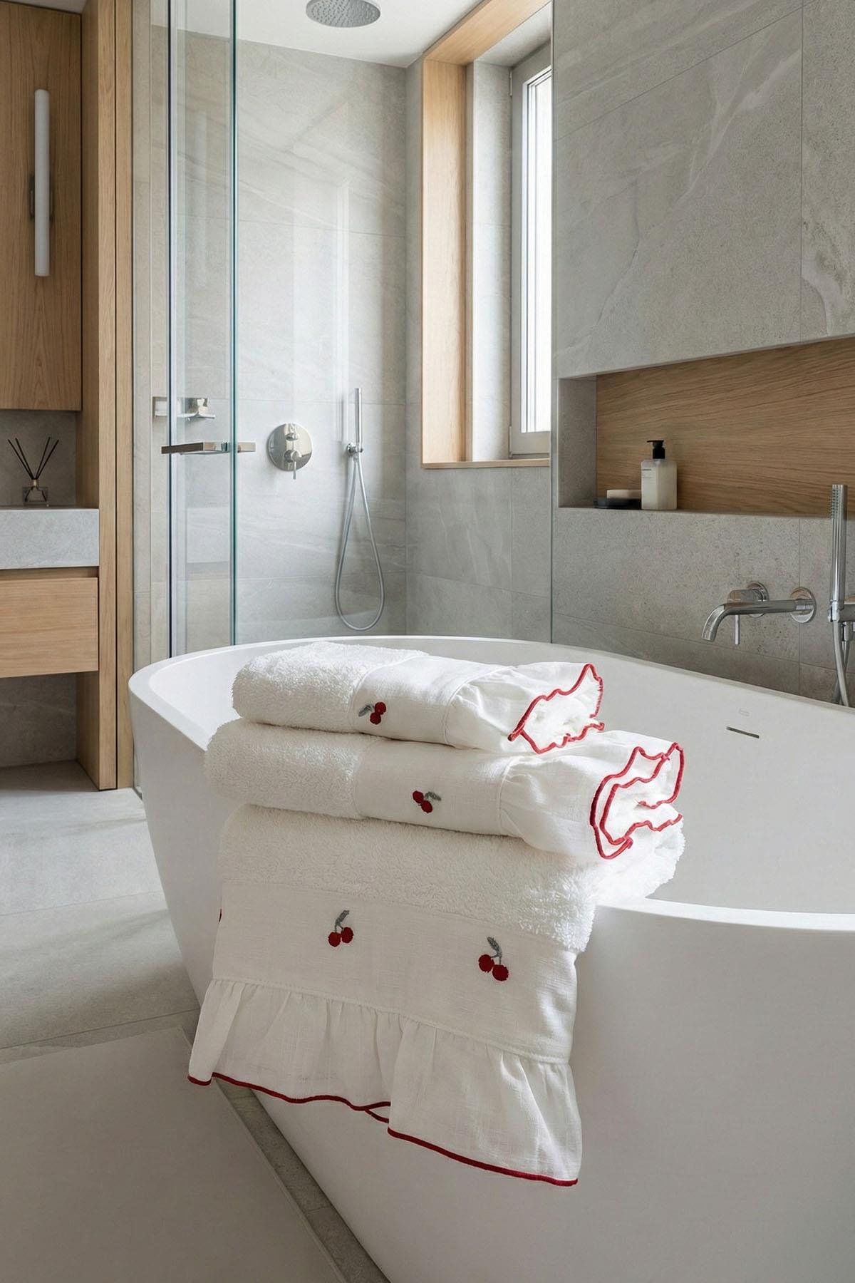 Essuie-mains brodé motif cerises (30 x 50 cm)