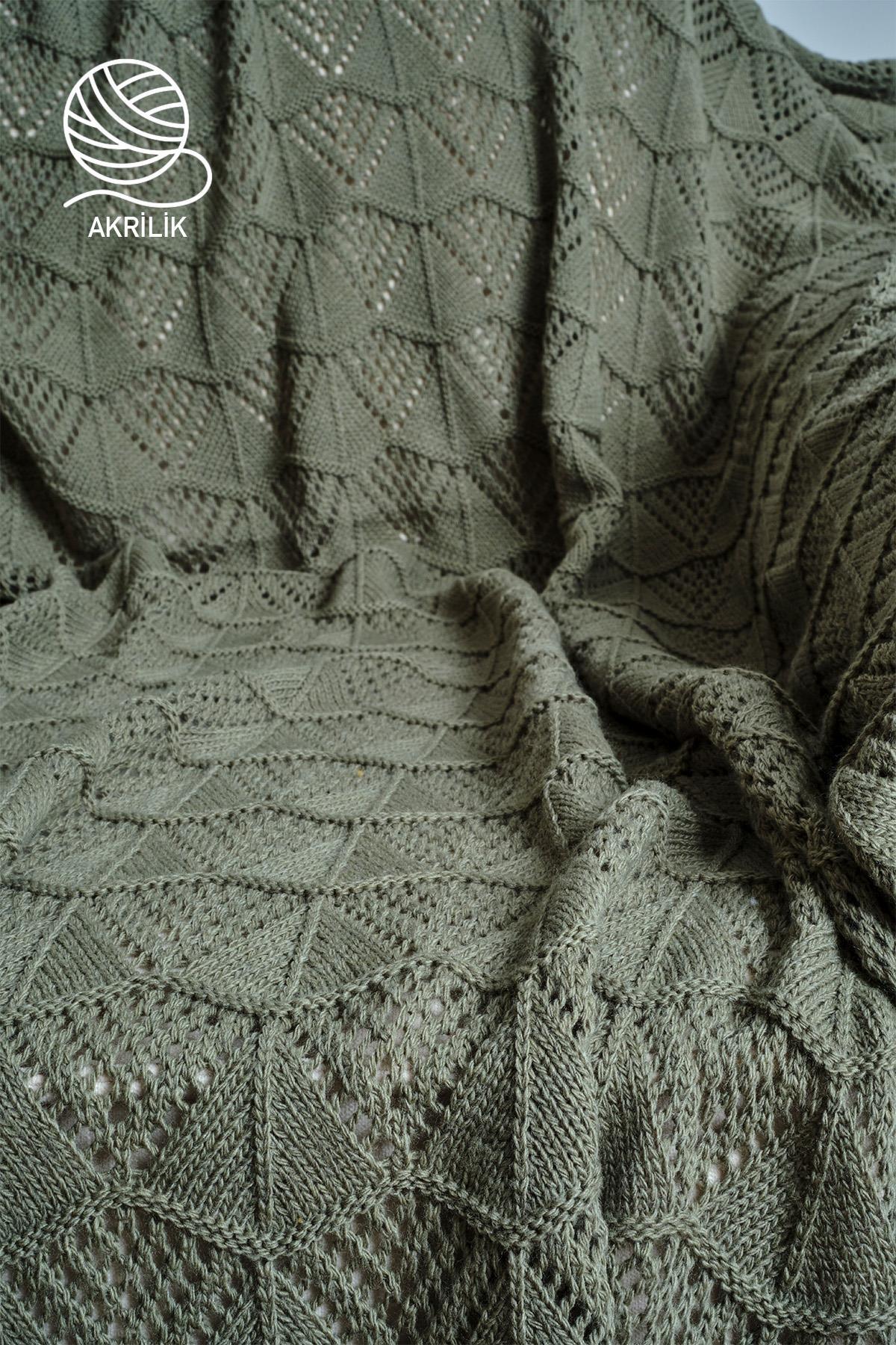 Couverture TV en tricot épais en acrylique vert, motif géométrique et texture en dentelle