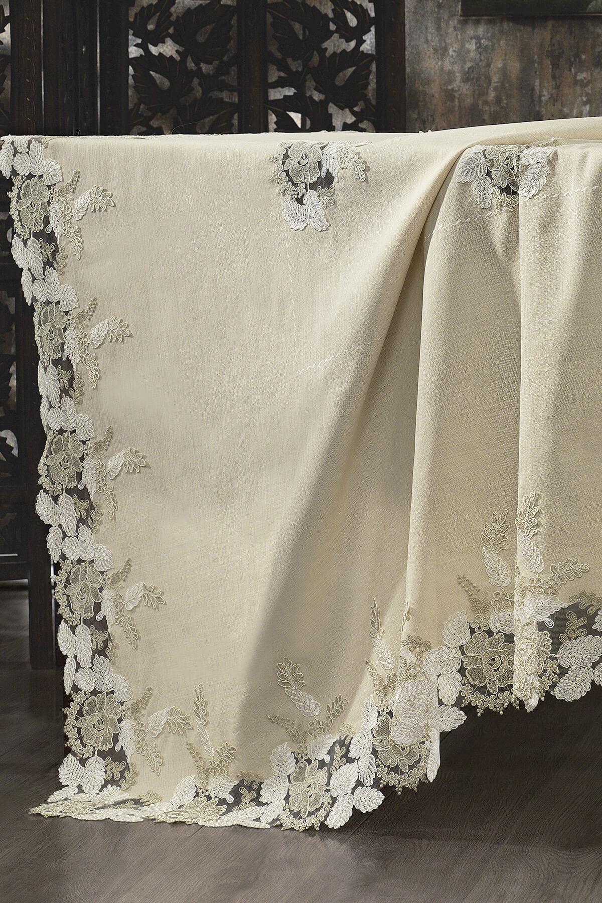 Nappe de table couleur crème antitache, élégante nappe avec bordures en dentelle à motifs floraux