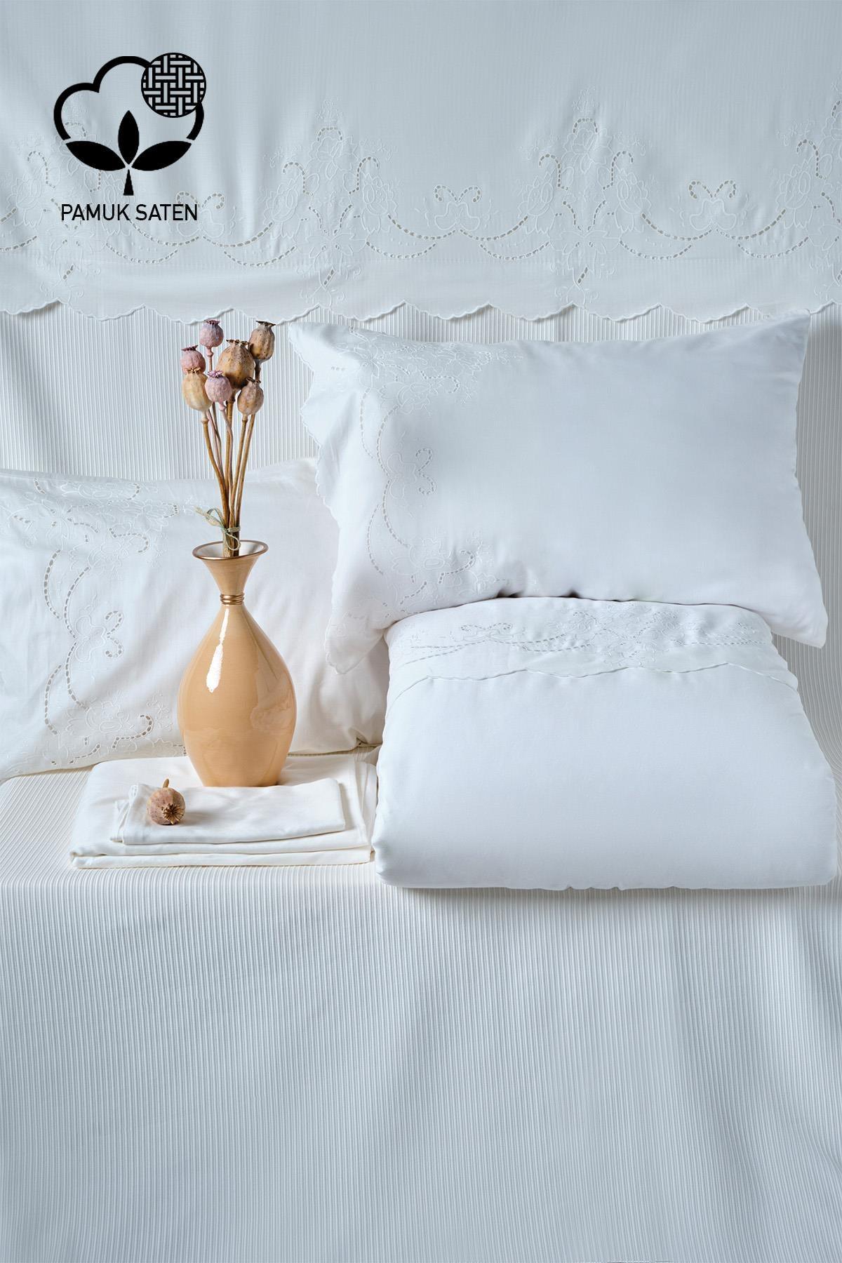 Ensemble de linge de lit 7 pièces Hanedan avec broderies, format Super King Size, incluant couvre-lit - Nazik Home - De la valeur pour mon foyer !