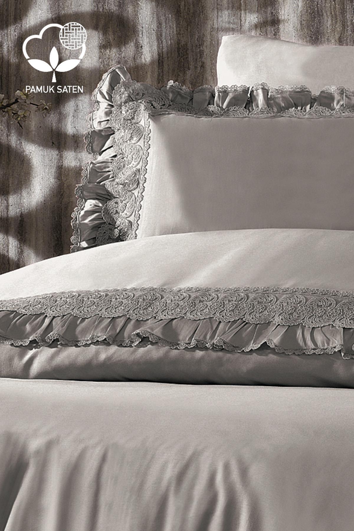 Parure de lit double en satin de coton bio avec dentelle grise, ensemble de chambre élégant