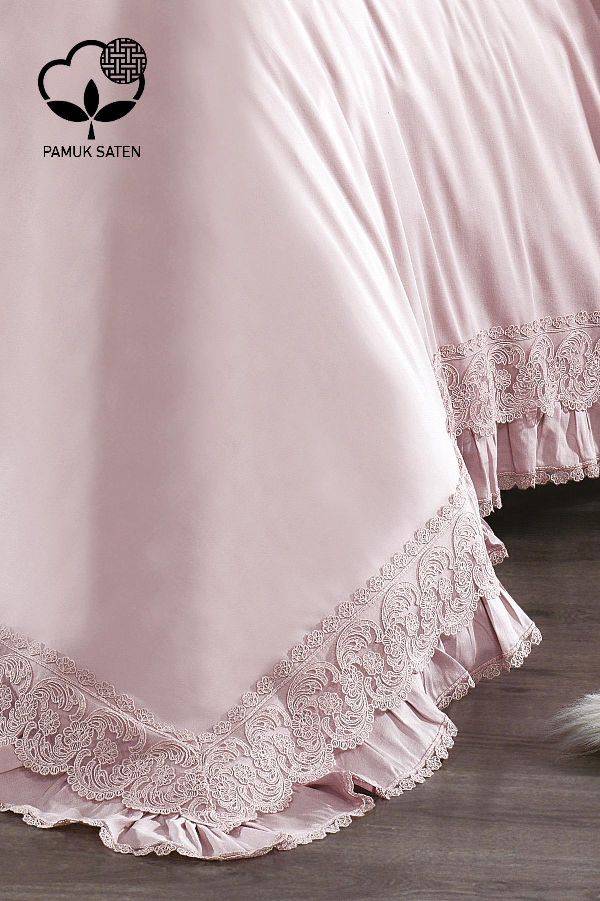 Parure de lit double en satin de coton bio avec dentelle rose poudré