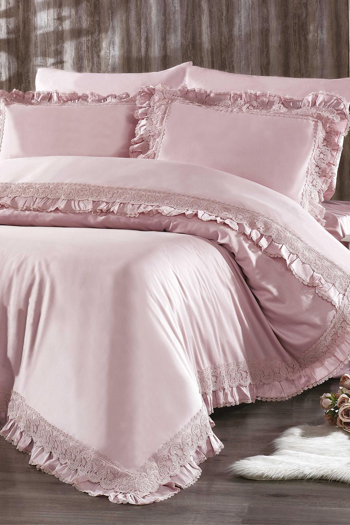 Parure de lit simple 4 pièces Helen Lace en satin de coton