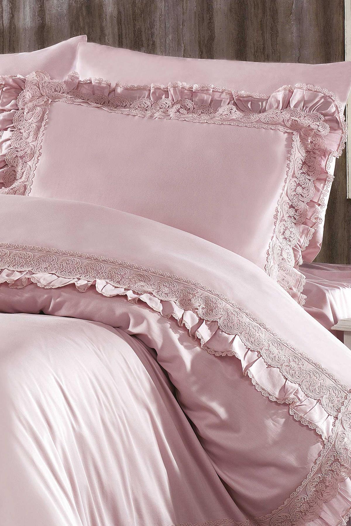 Parure de lit simple 4 pièces Helen Lace en satin de coton