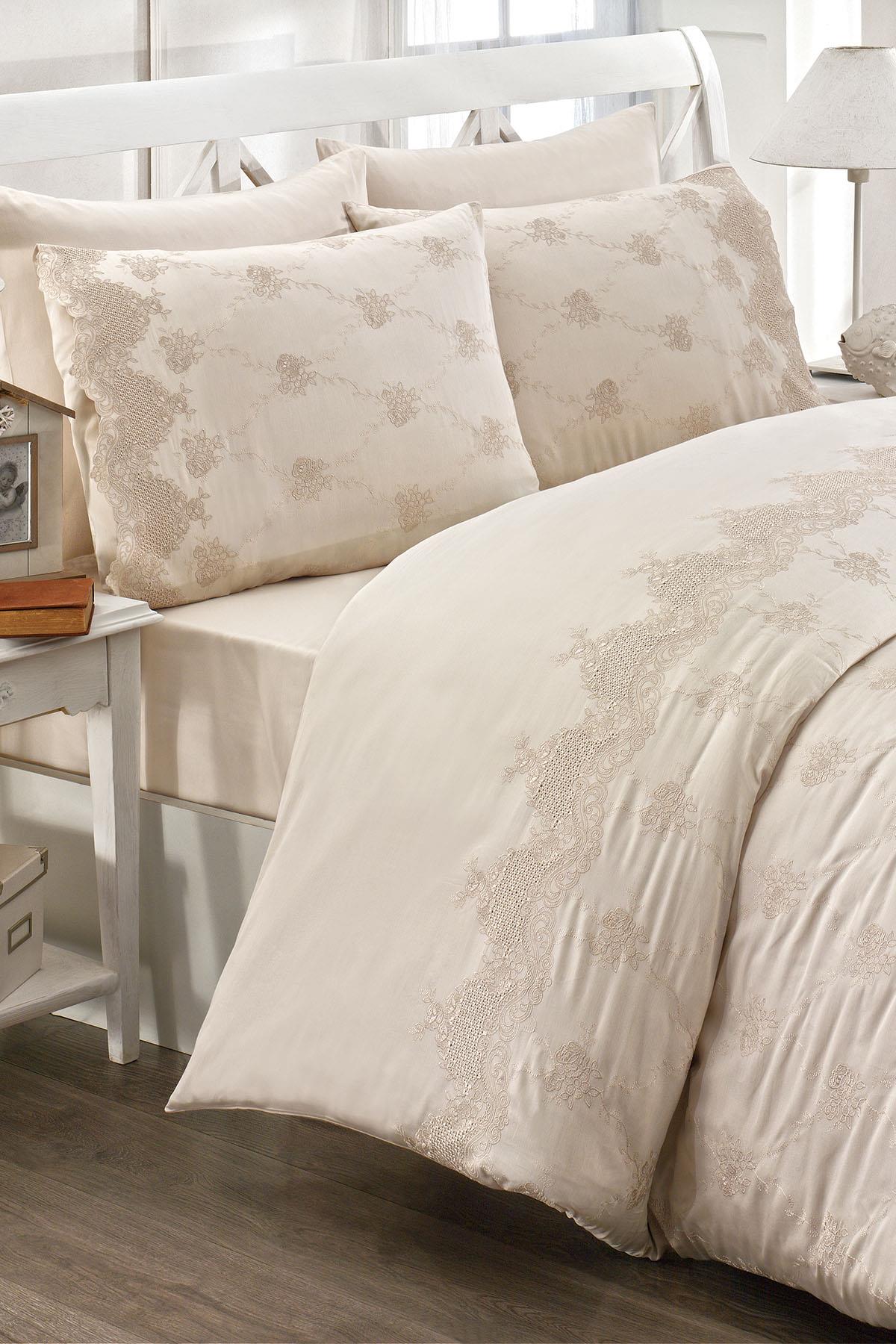 Parure de lit 6 pièces pour lit double en satin de coton brodé Iris