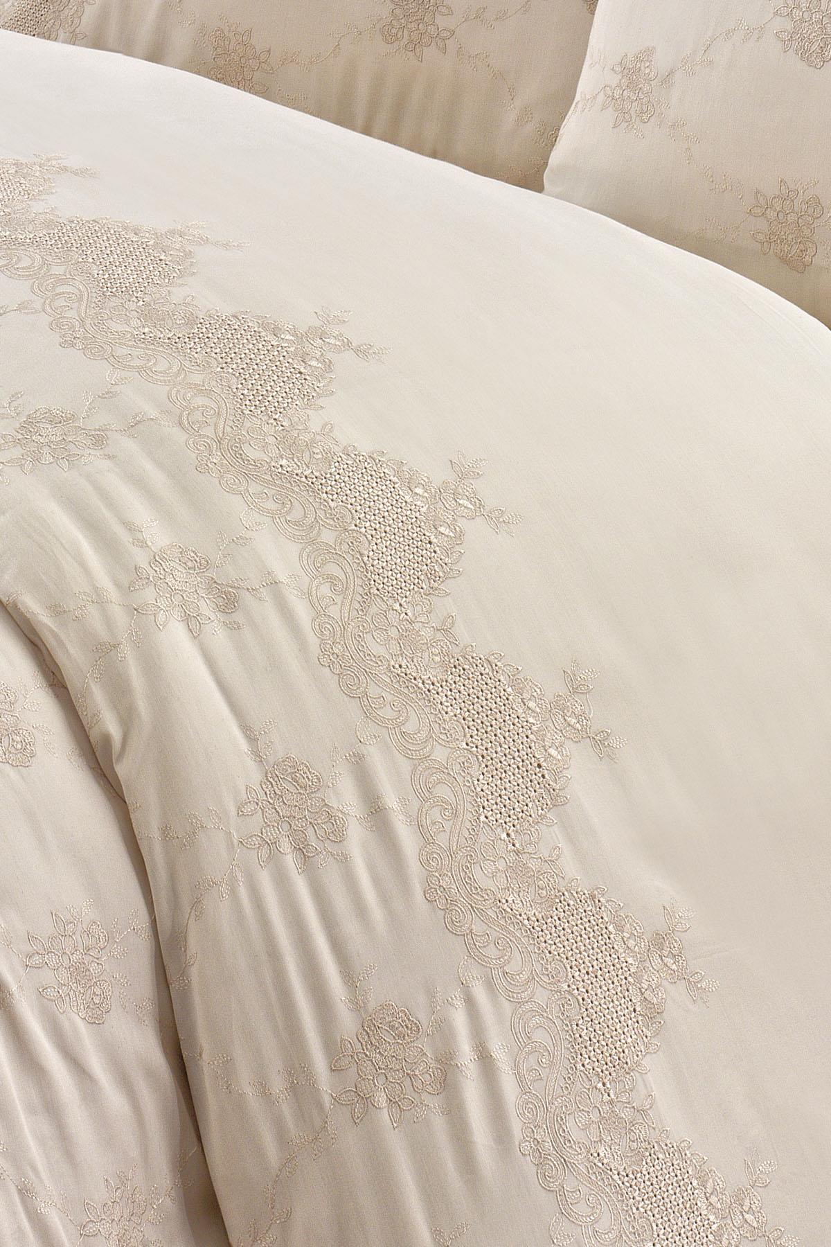 Parure de lit 6 pièces pour lit double en satin de coton brodé Iris