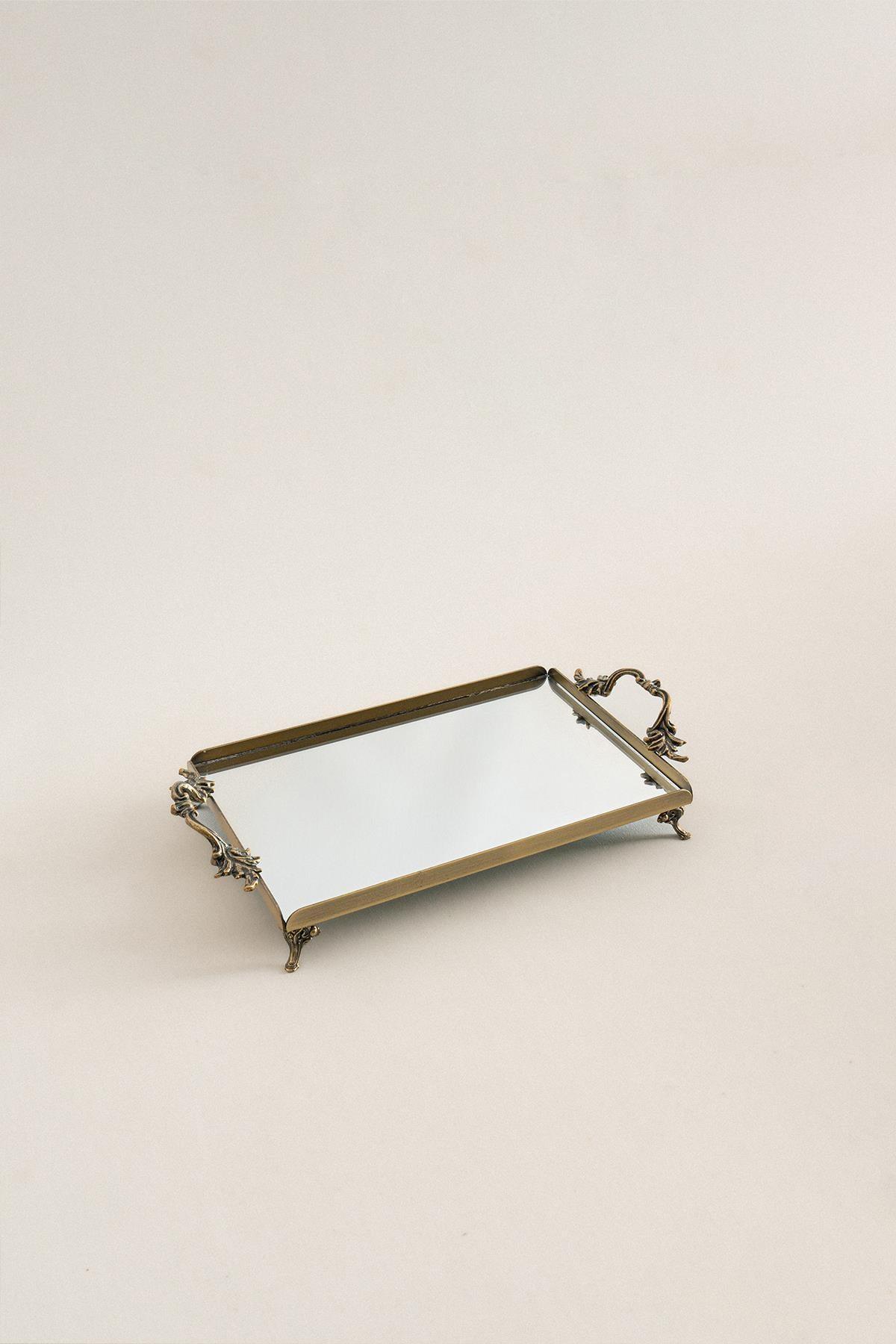 Petit plateau de service rectangulaire, aspect vieilli, avec élégantes poignées en métal
