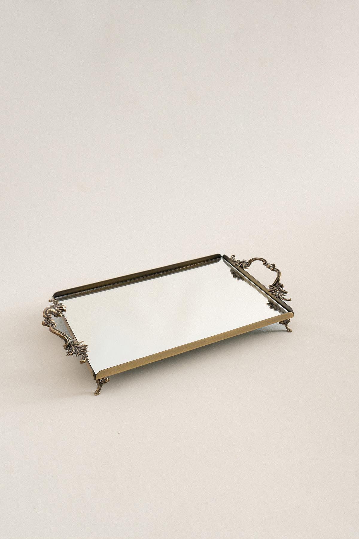 Plateau de service moyen en métal avec miroir, détails vieillis et poignées élégantes