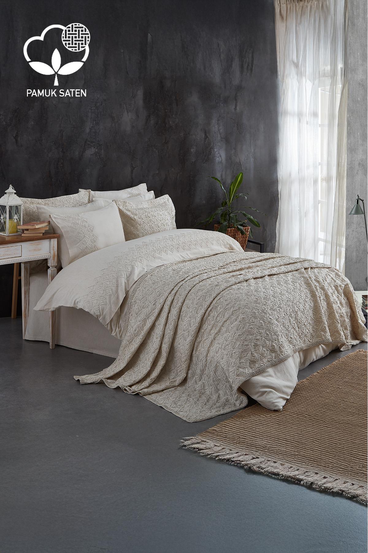 Ensemble de linge de lit 9 pièces en satin de coton beige avec couvre-lit, pour une décoration de chambre moderne