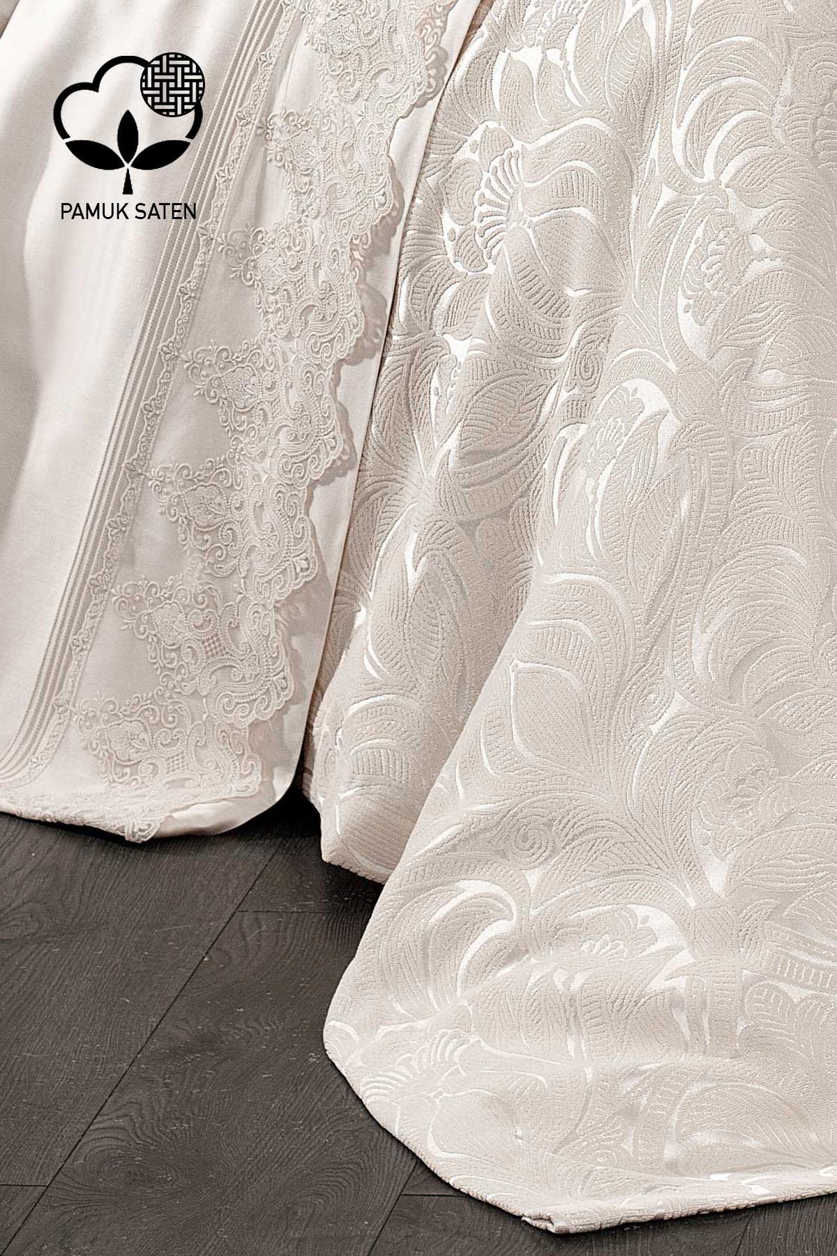 Parure de lit avec couvre-lit en satin de coton jacquard et guipure Marissa - Nazik Home - De la valeur pour mon foyer !