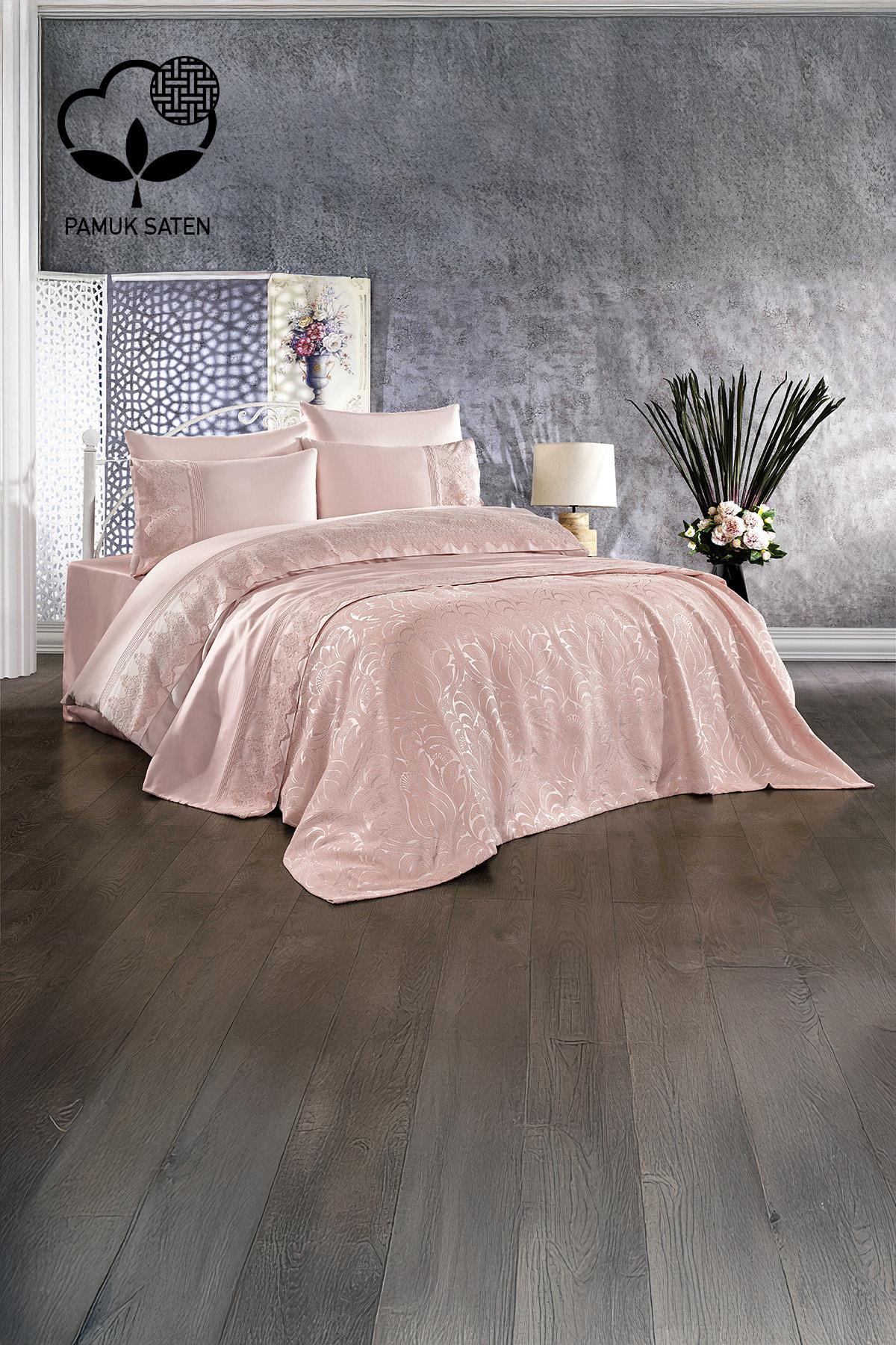 Parure de lit avec couvre-lit en satin de coton jacquard et guipure Marissa - Nazik Home - De la valeur pour mon foyer !