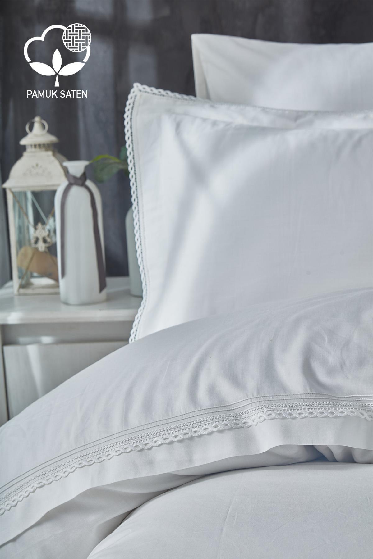 Parure de lit double 6 pièces en satin de coton à dentelle Portie - Nazik Home - De la valeur pour mon foyer !