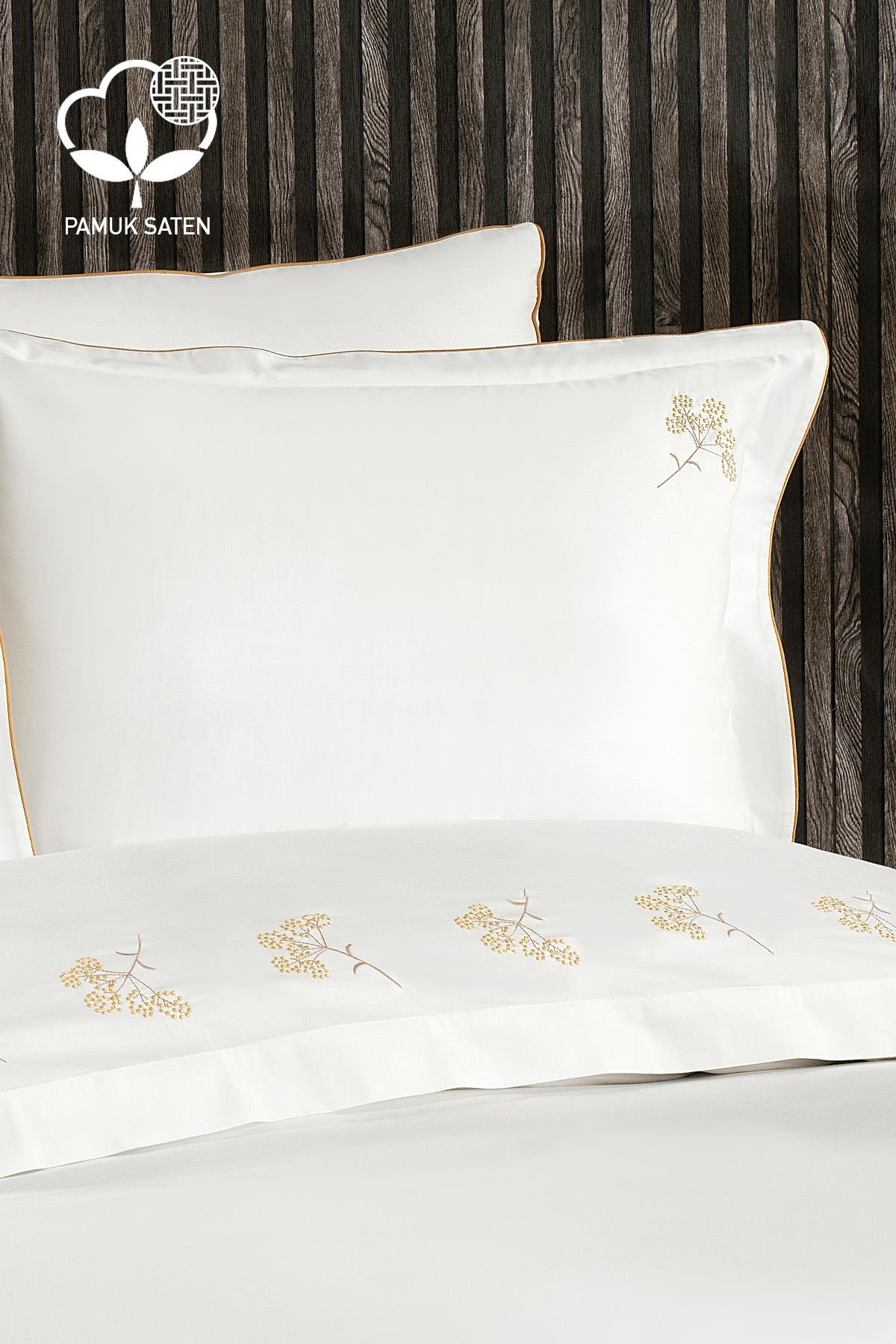Parure de lit 6 pièces Sementa en satin de coton à broderies florales, format Super King Size - Nazik Home - De la valeur pour mon foyer !