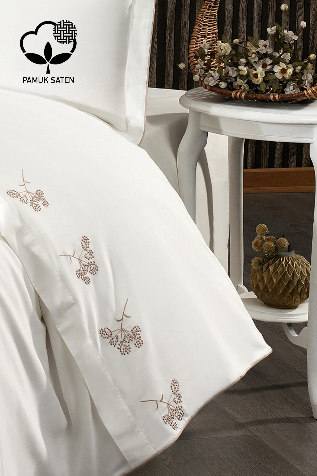 Parure de lit 6 pièces Sementa en satin de coton à broderies florales, format Super King Size - Nazik Home - De la valeur pour mon foyer !