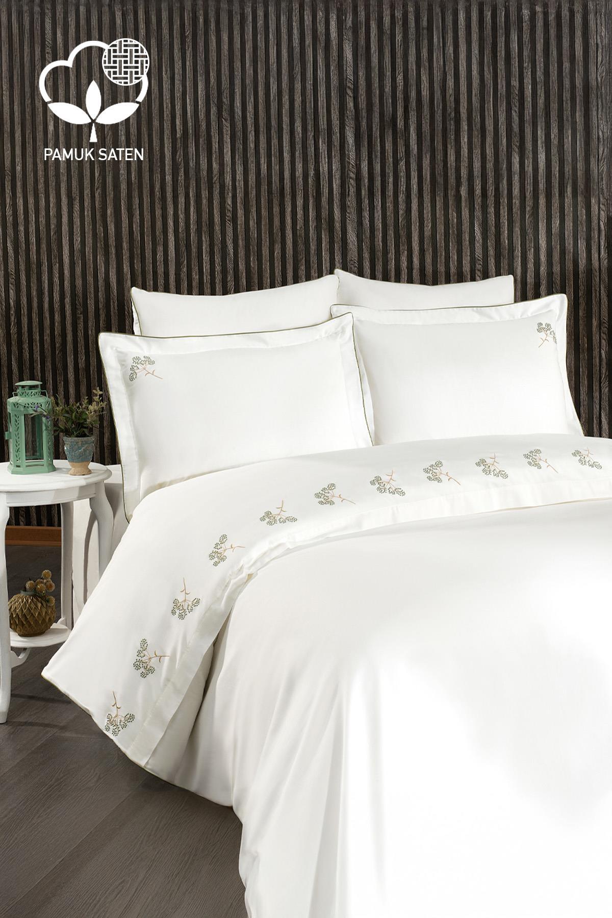 Parure de lit 6 pièces Sementa en satin de coton à broderies florales, format Super King Size - Nazik Home - De la valeur pour mon foyer !