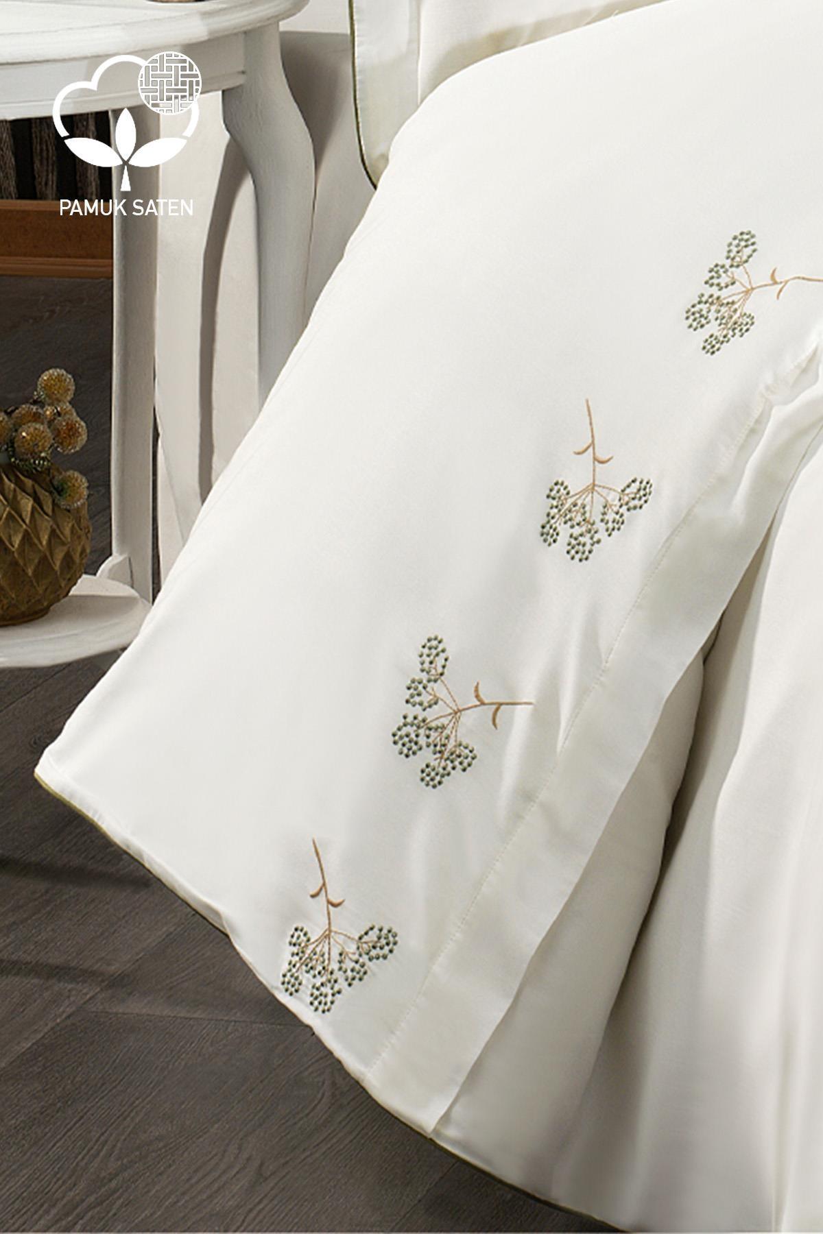 Parure de lit 6 pièces Sementa en satin de coton à broderies florales, format Super King Size - Nazik Home - De la valeur pour mon foyer !