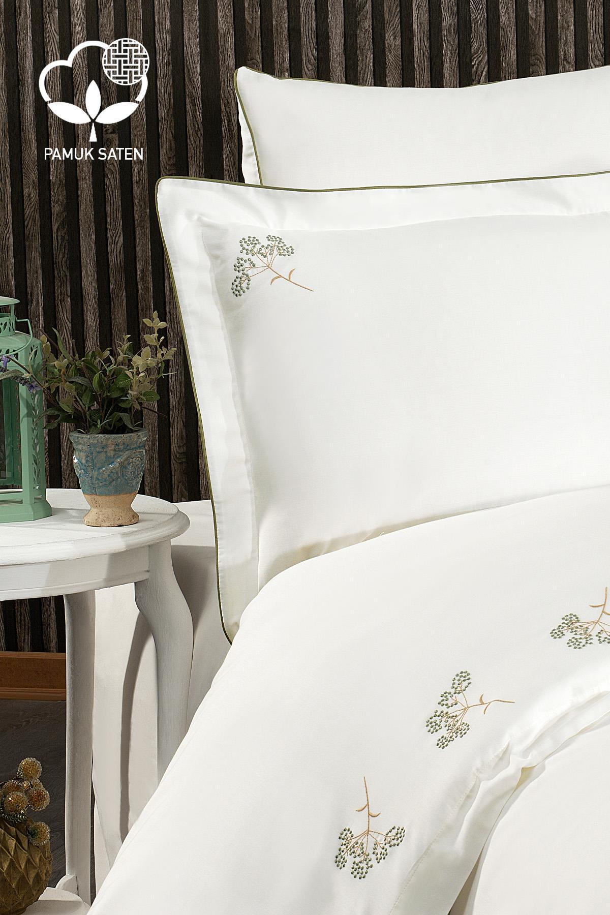 Parure de lit 6 pièces Sementa en satin de coton à broderies florales, format Super King Size - Nazik Home - De la valeur pour mon foyer !