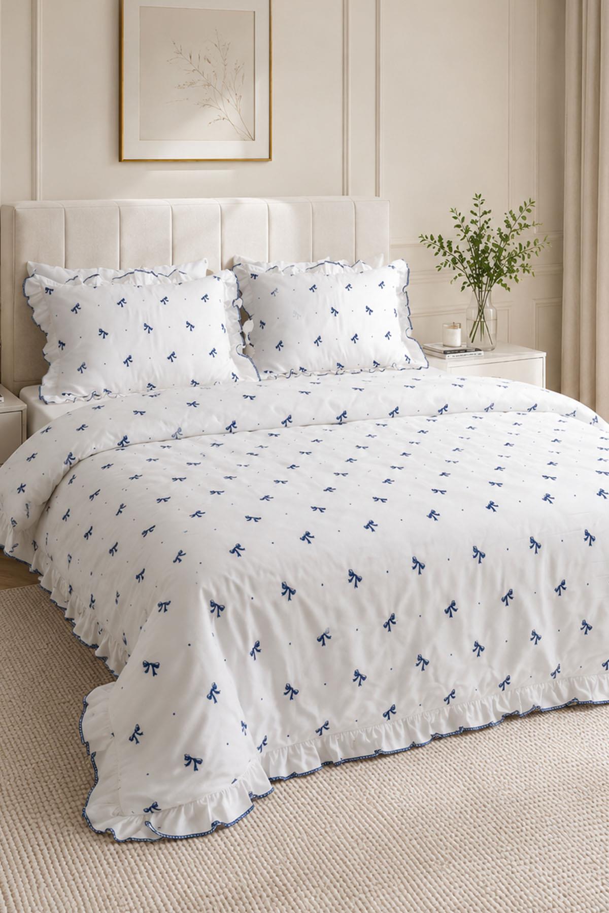 Parure de lit 4 pièces Serena en satin de coton avec broderies nœuds pour lit simple