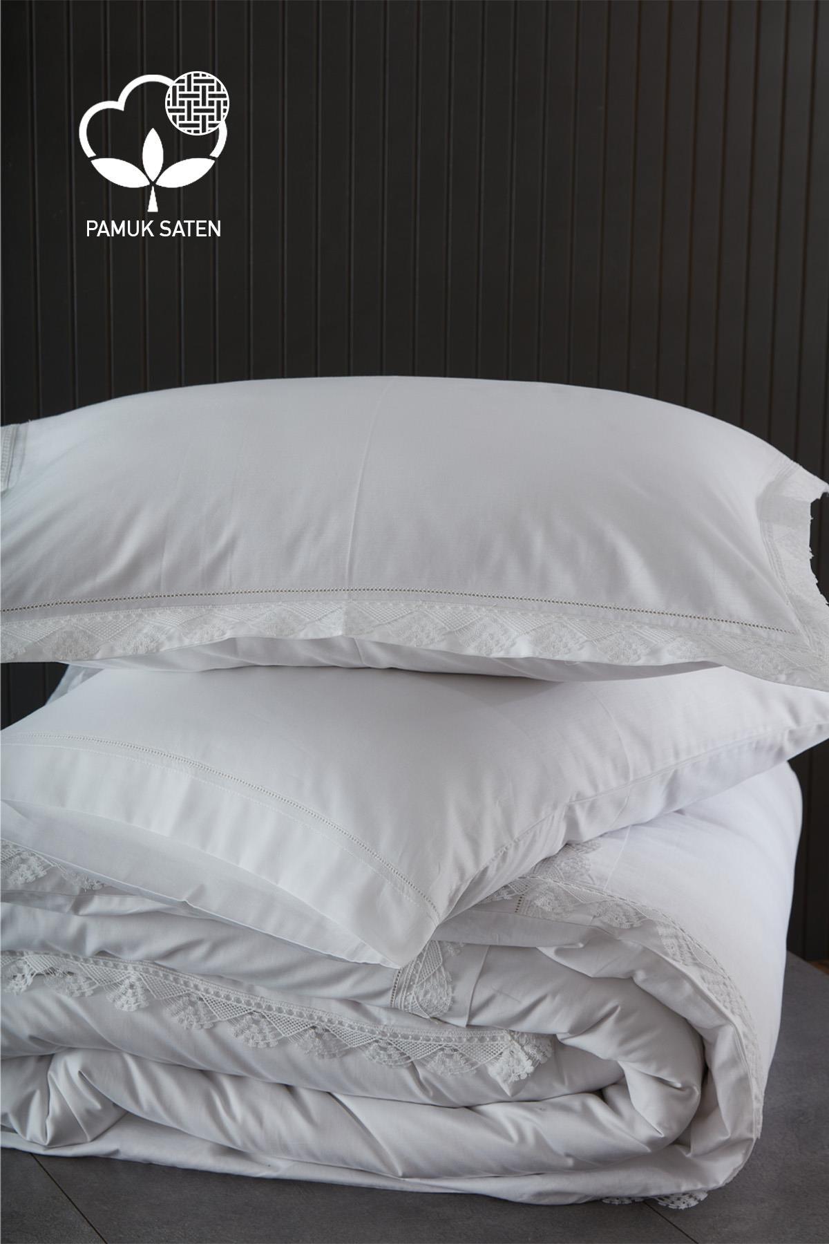 Parure de lit double 6 pièces en satin de coton 300 fils avec dentelle élégante - Nazik Home - De la valeur pour mon foyer !