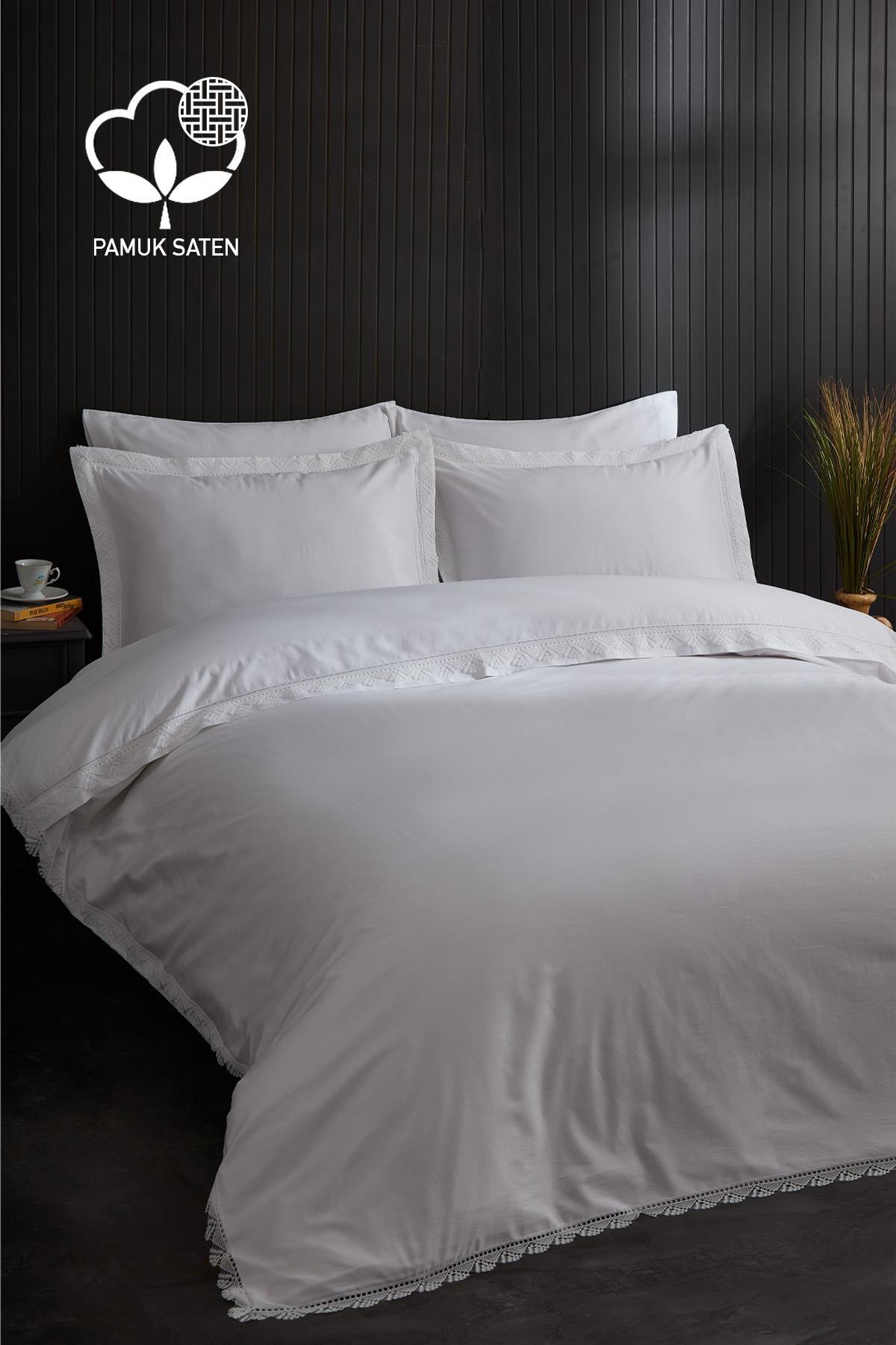 Parure de lit 6 pièces en satin de coton 300 fils avec dentelle, format Super King - Nazik Home - De la valeur pour mon foyer !