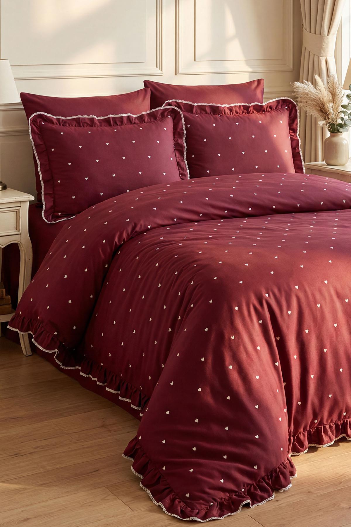 Amore Heart Embroidered Cotton Satin Super King Size 6 Piece Duvet Cover Set