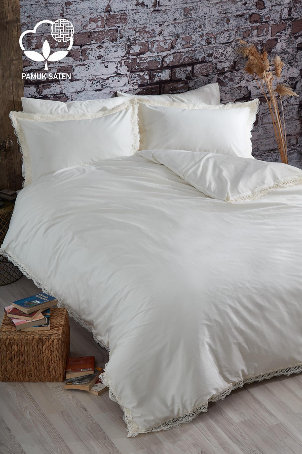 Parure de lit double 6 pièces en satin de coton dentelé Asel 300 TC - Nazik Home - De la valeur pour mon foyer !