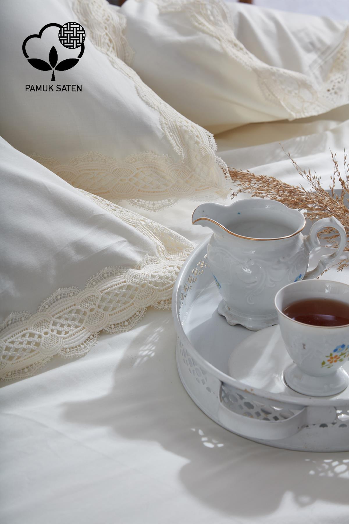 Parure de lit double 6 pièces en satin de coton dentelé Asel 300 TC - Nazik Home - De la valeur pour mon foyer !