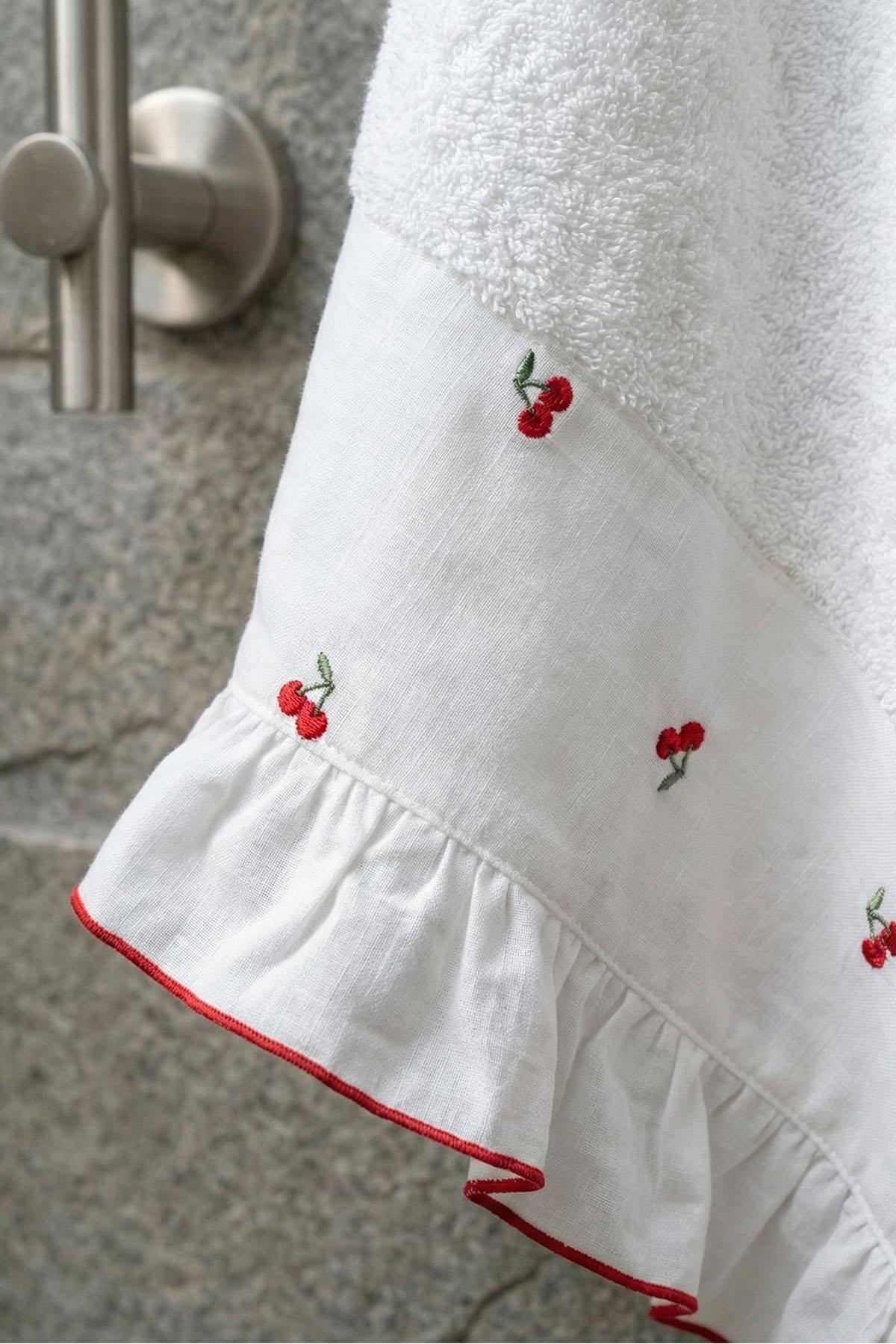 Essuie-mains brodé motif cerises (30 x 50 cm)