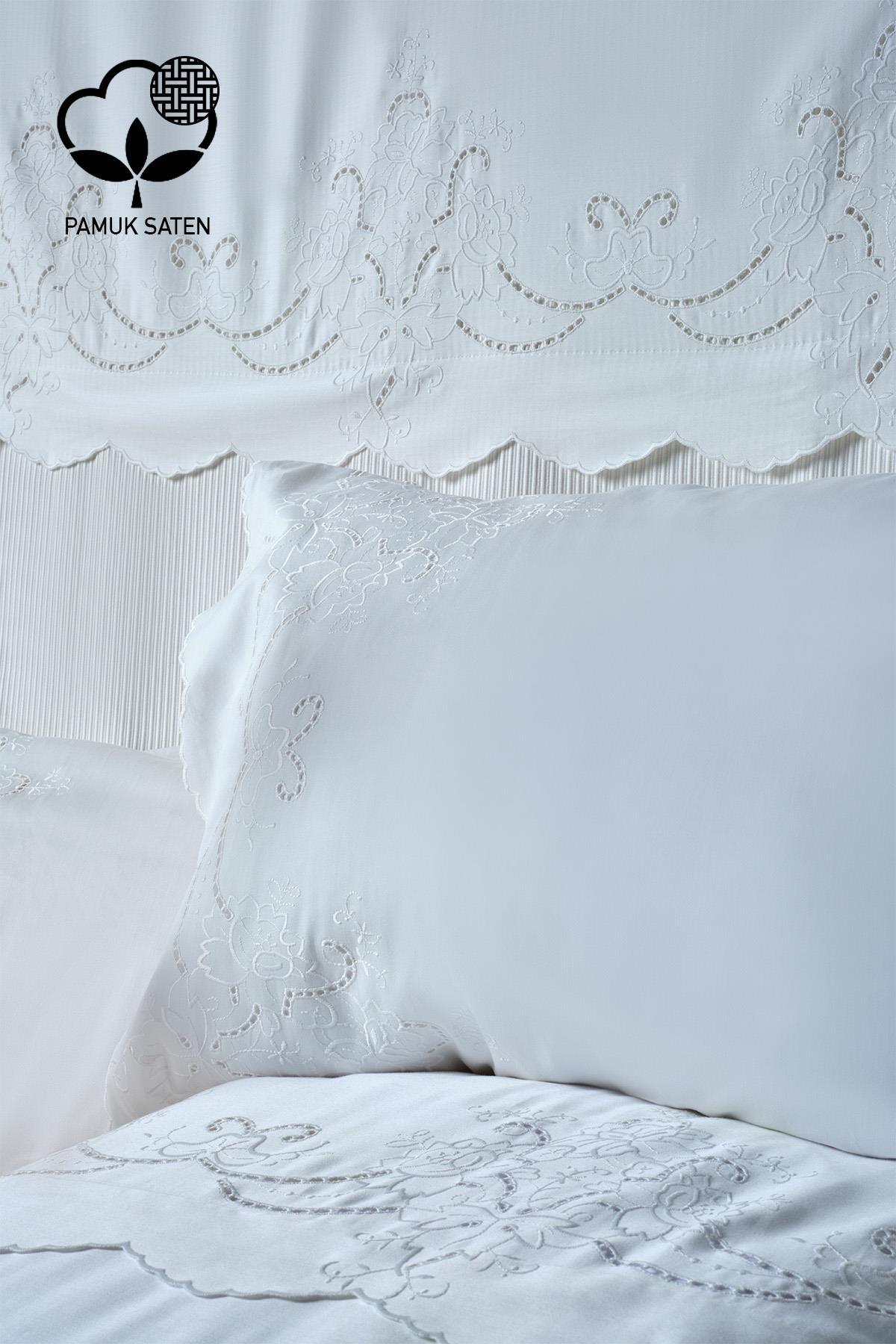Ensemble de linge de lit 7 pièces Hanedan avec broderies, format Super King Size, incluant couvre-lit - Nazik Home - De la valeur pour mon foyer !