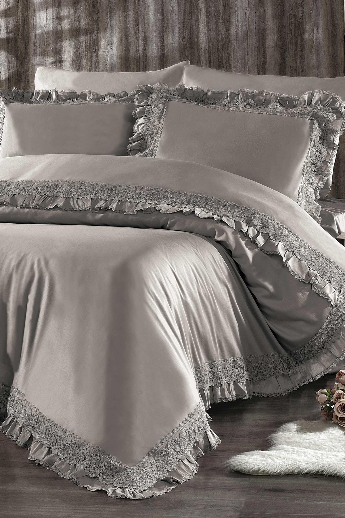 Parure de lit simple 4 pièces Helen Lace en satin de coton