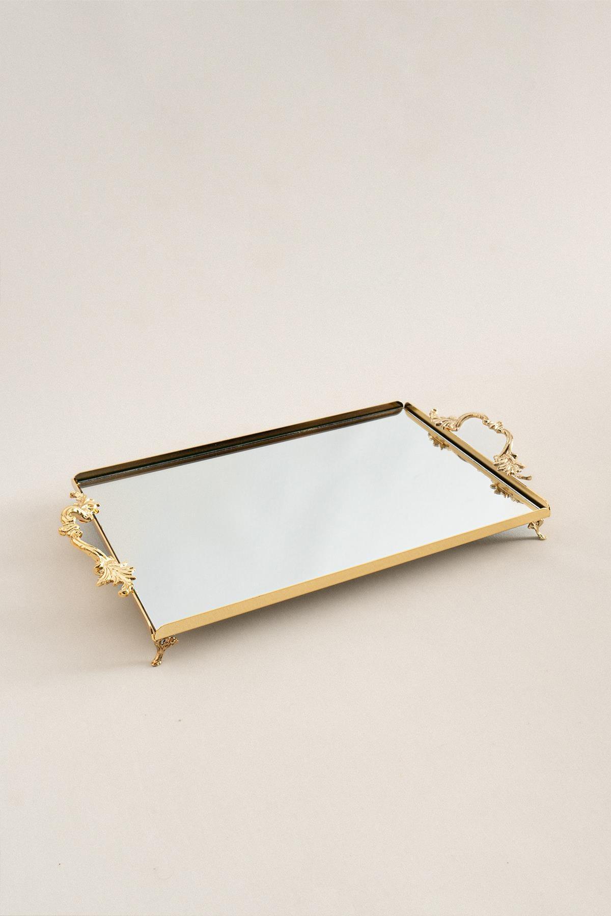 Grand plateau de service doré à surface miroir et anses élégantes, plateau décoratif 40x26 cm