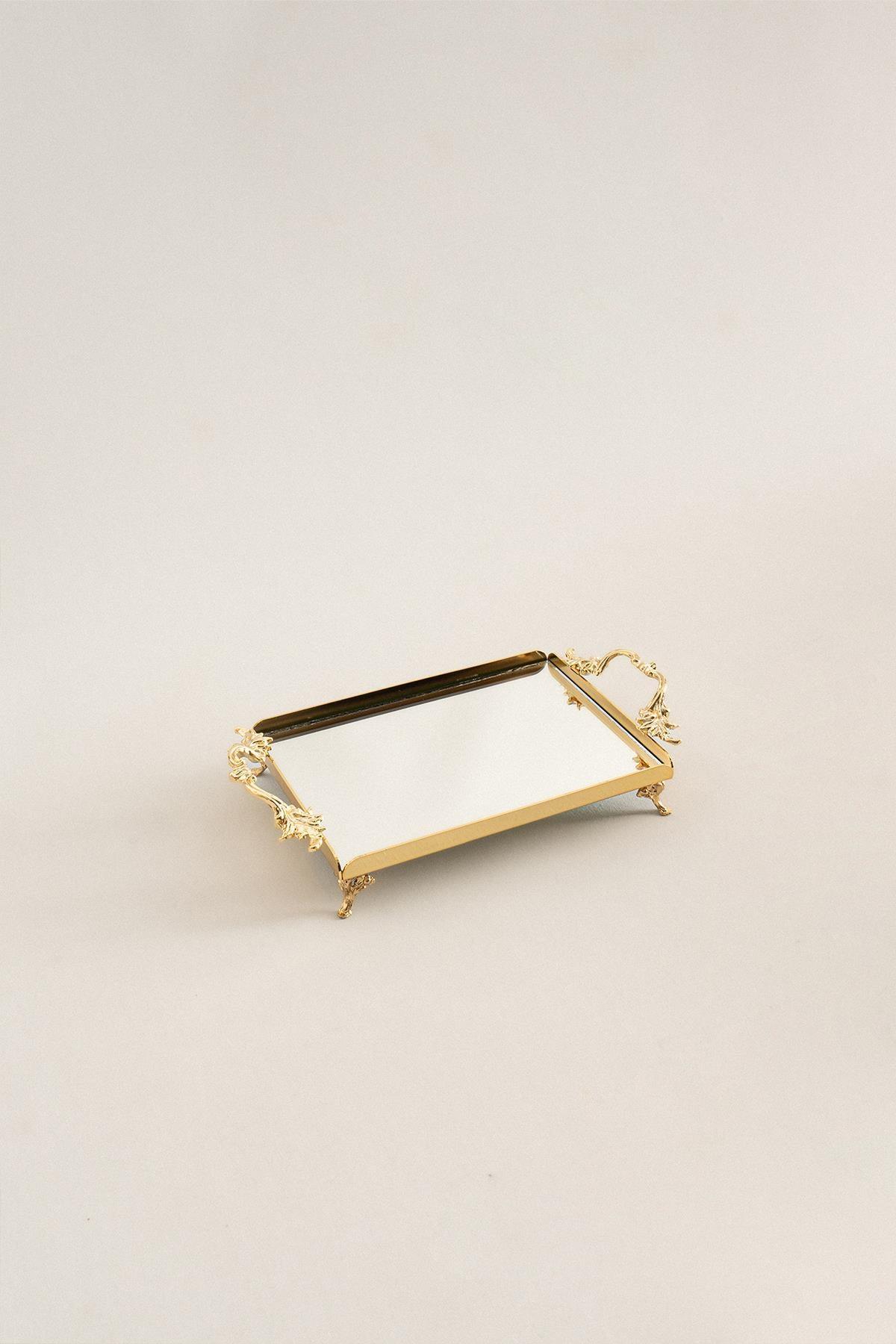 Mini plateau doré décoratif avec poignées élégantes, plateau miroir de luxe en métal, décoration de table