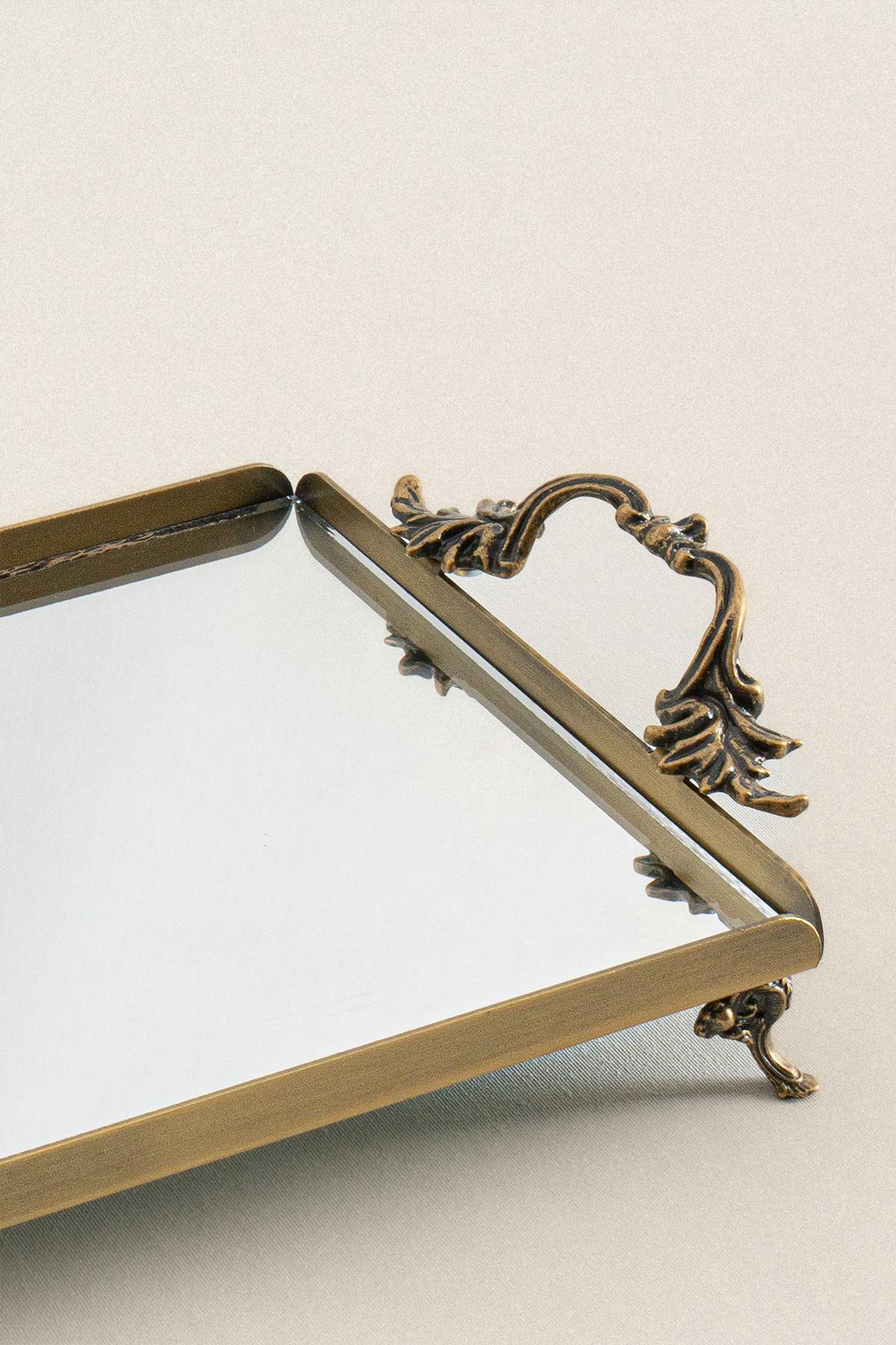 Petit plateau de service avec miroir et poignées en bronze vieilli, design décoratif et classique