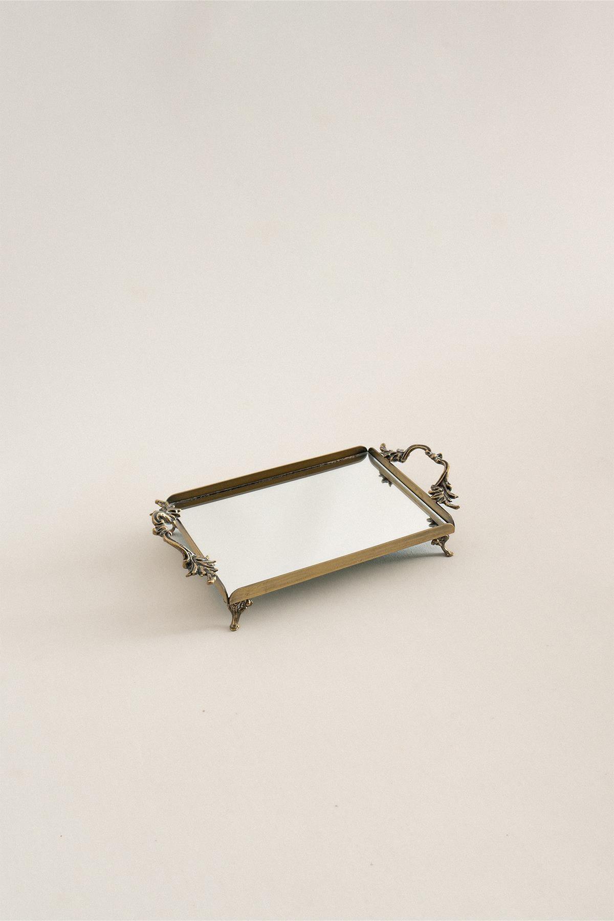 Mini plateau décoratif effet vieilli avec anses élégantes, surface miroir et pieds en métal antique