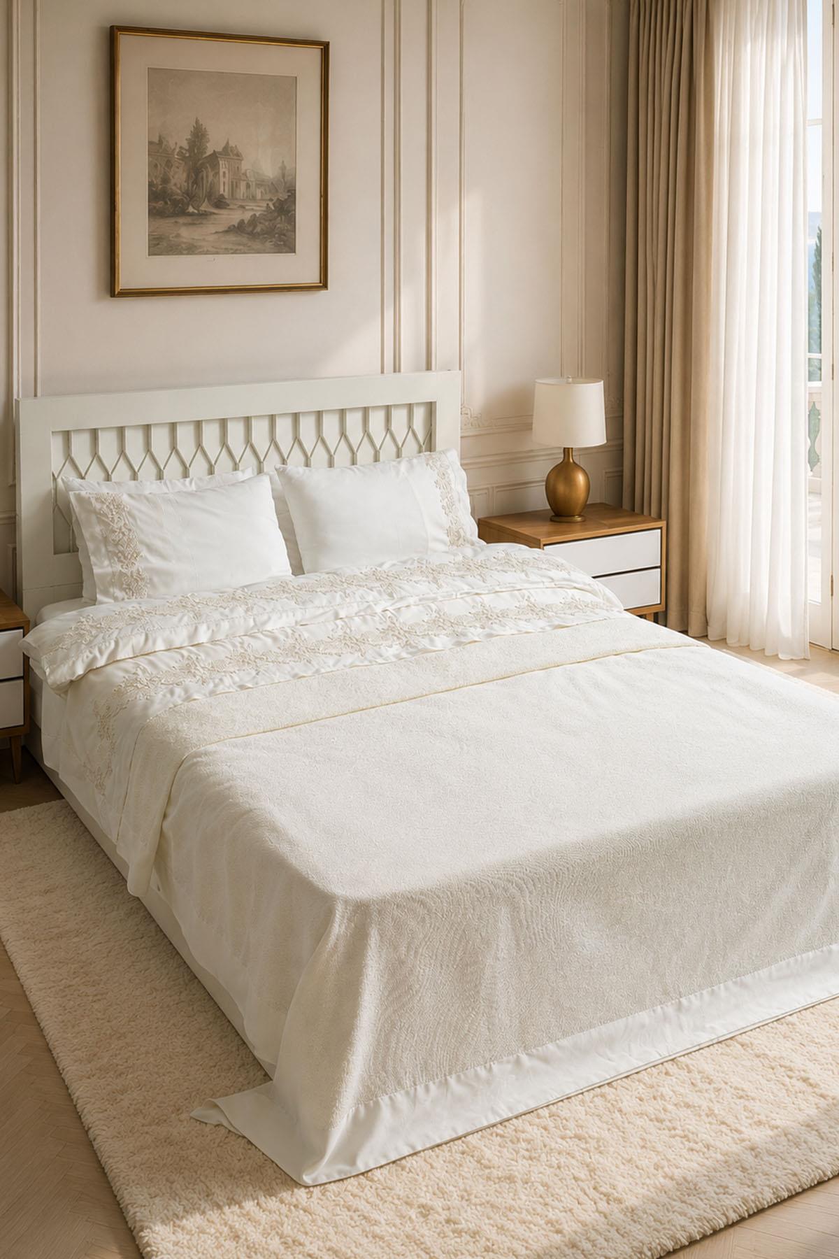 Madeira 3D Knitted Flower Embroidered Super King Size 7-Piece Duvet Cover + Quilt Set