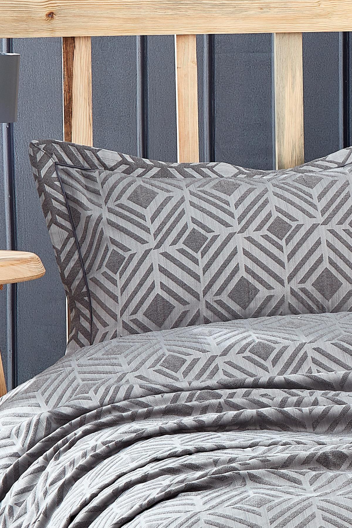 Couvre-lit double jacquard à motif géométrique gris avec taies d'oreiller
