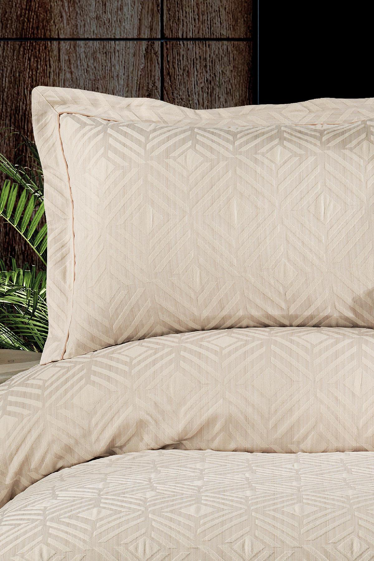 Couvre-lit double jacquard à motif géométrique beige avec taies d'oreiller