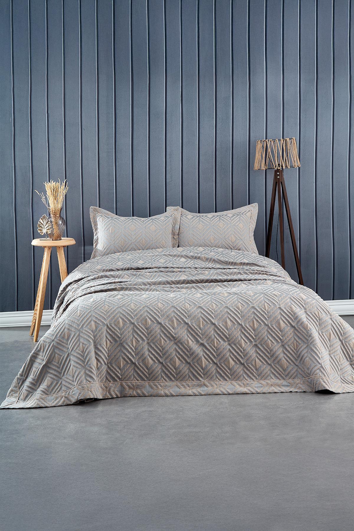 Couvre-lit double en jacquard à motif géométrique gris avec taies d'oreiller, décoration de chambre moderne