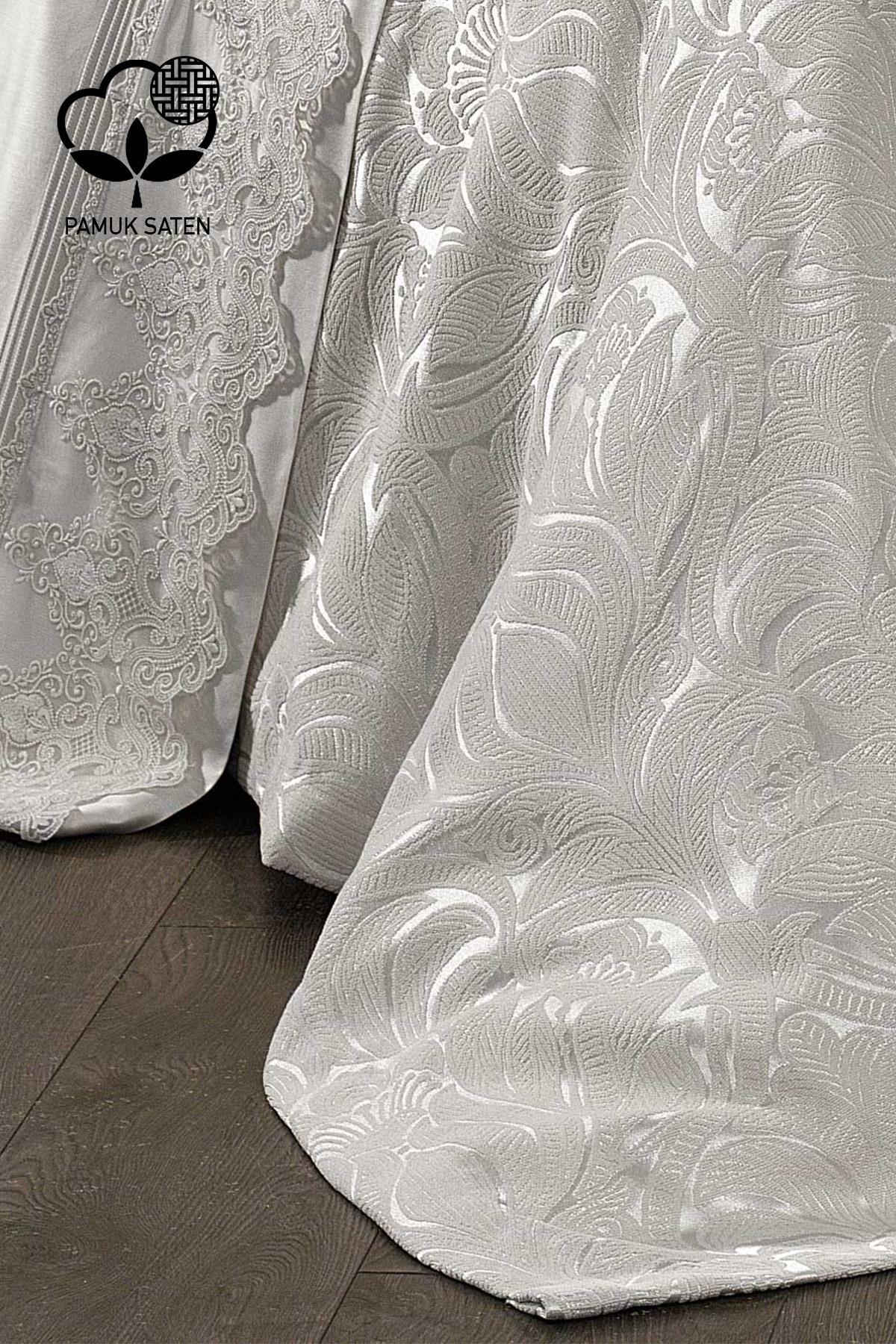 Parure de lit avec couvre-lit en satin de coton jacquard et guipure Marissa - Nazik Home - De la valeur pour mon foyer !