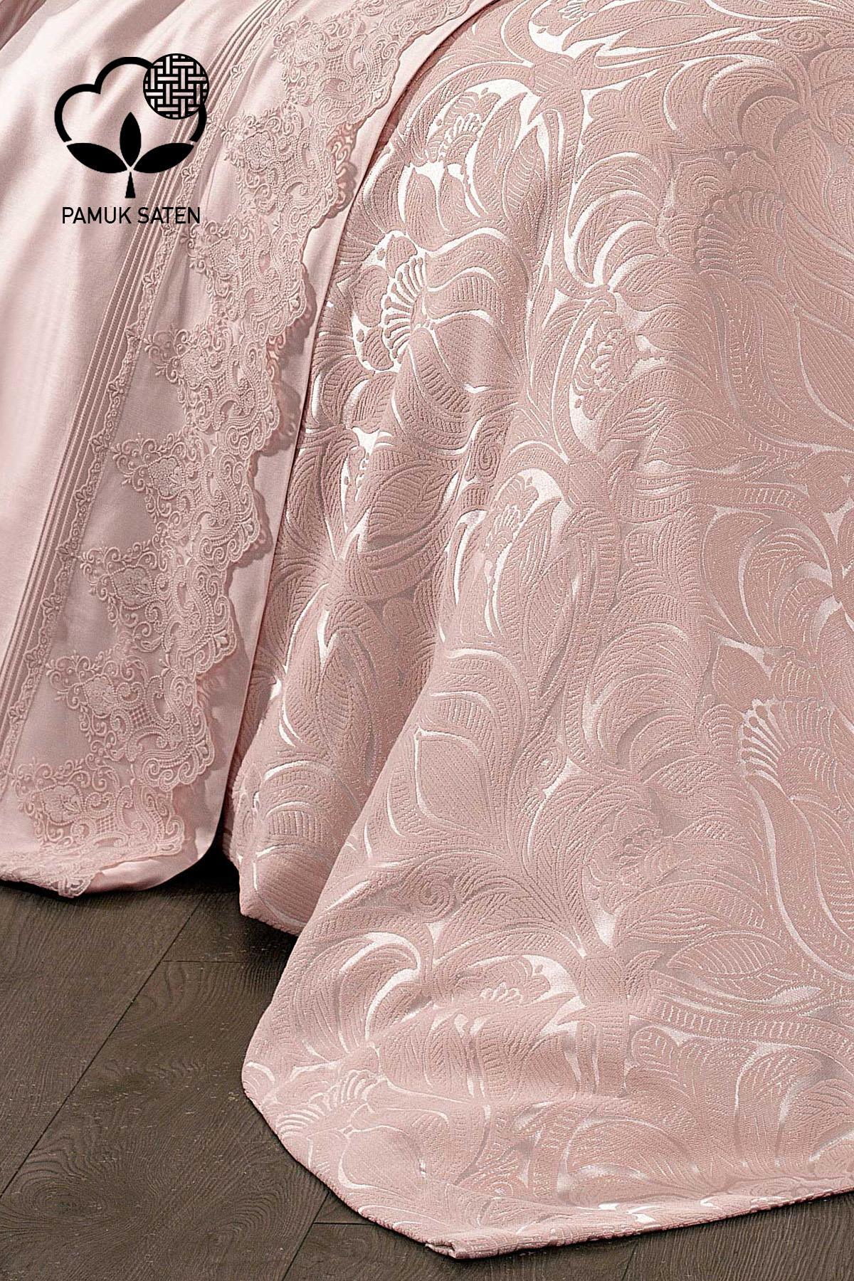 Parure de lit avec couvre-lit en satin de coton jacquard et guipure Marissa - Nazik Home - De la valeur pour mon foyer !