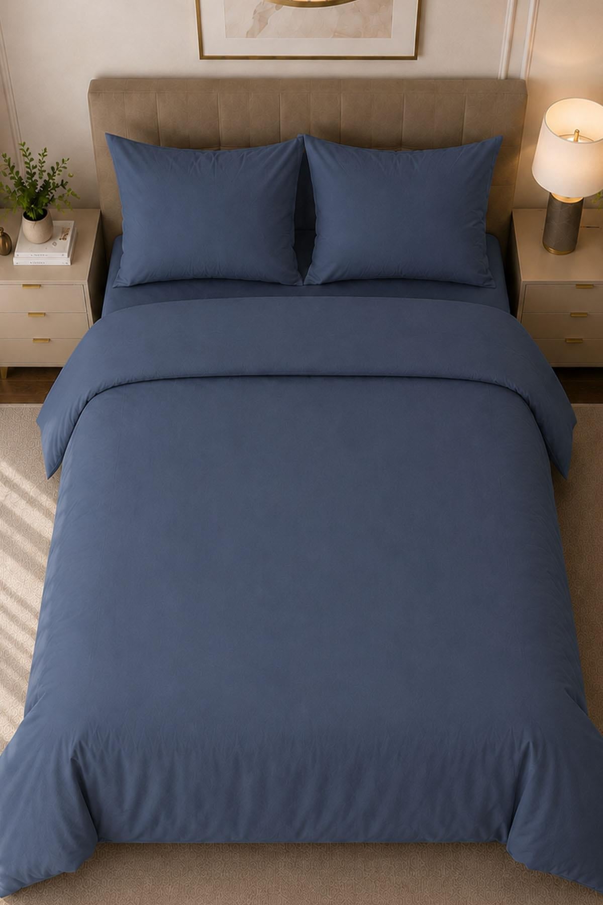 Parure de lit double 4 pièces en satin de coton uni Melodi