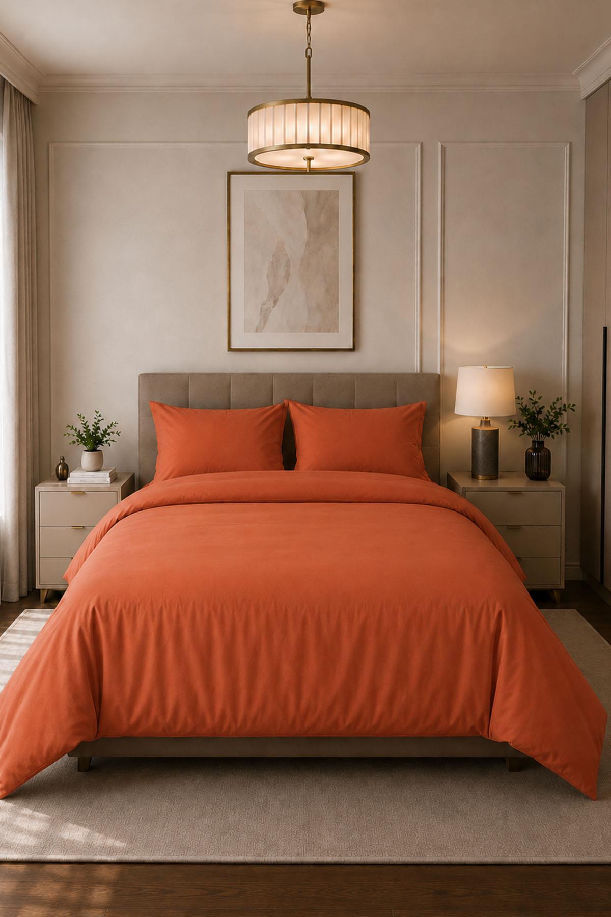 Parure de lit double 4 pièces en satin de coton uni Melodi