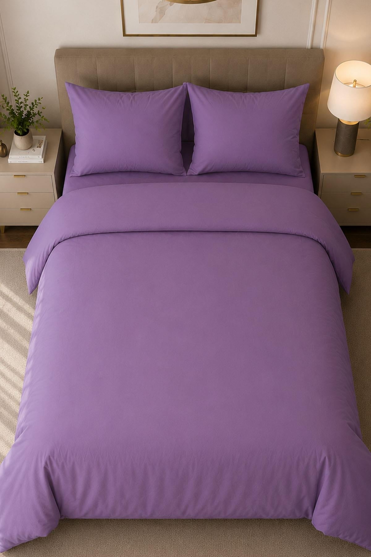 Parure de lit double 4 pièces en satin de coton uni Melodi