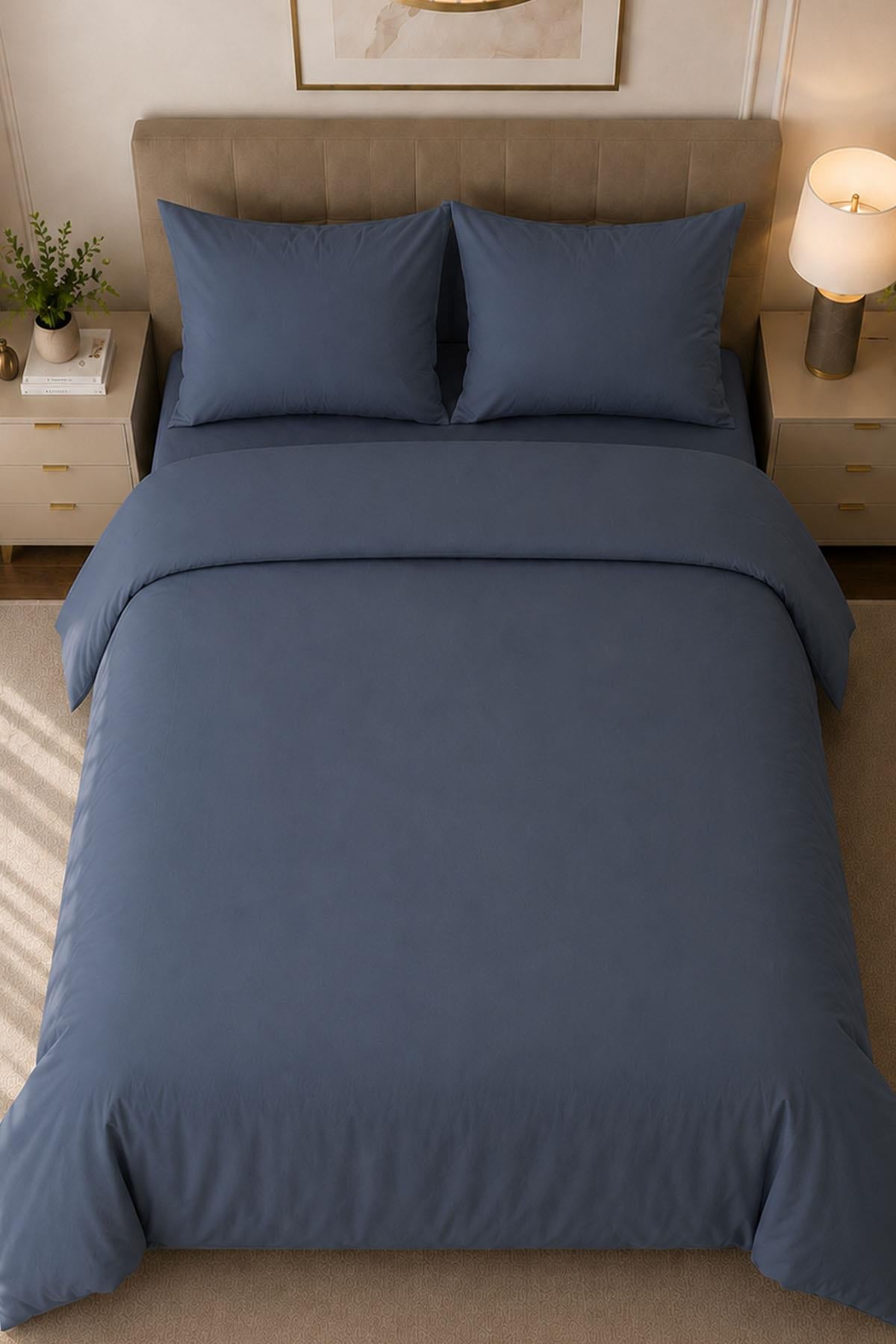 Parure de lit double 4 pièces en satin de coton uni Melodi