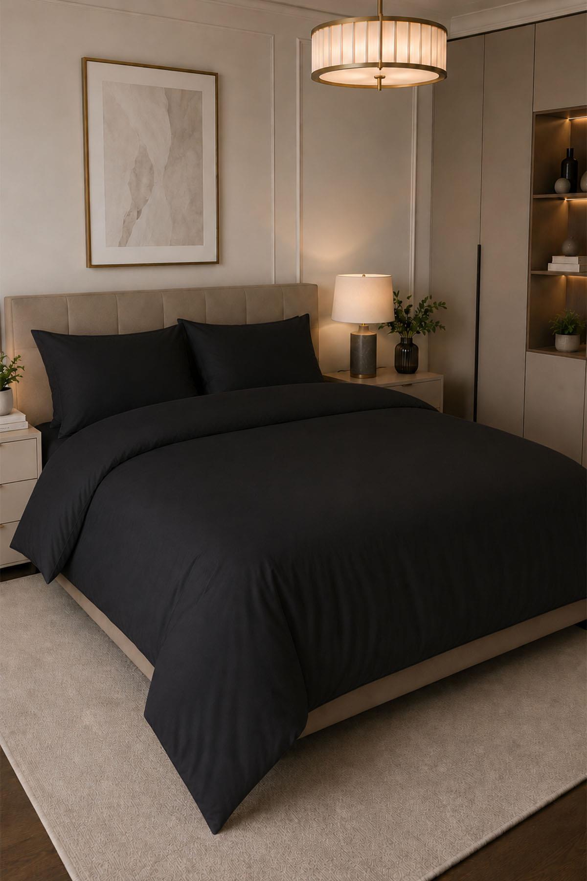 Parure de lit double 4 pièces en satin de coton uni Melodi